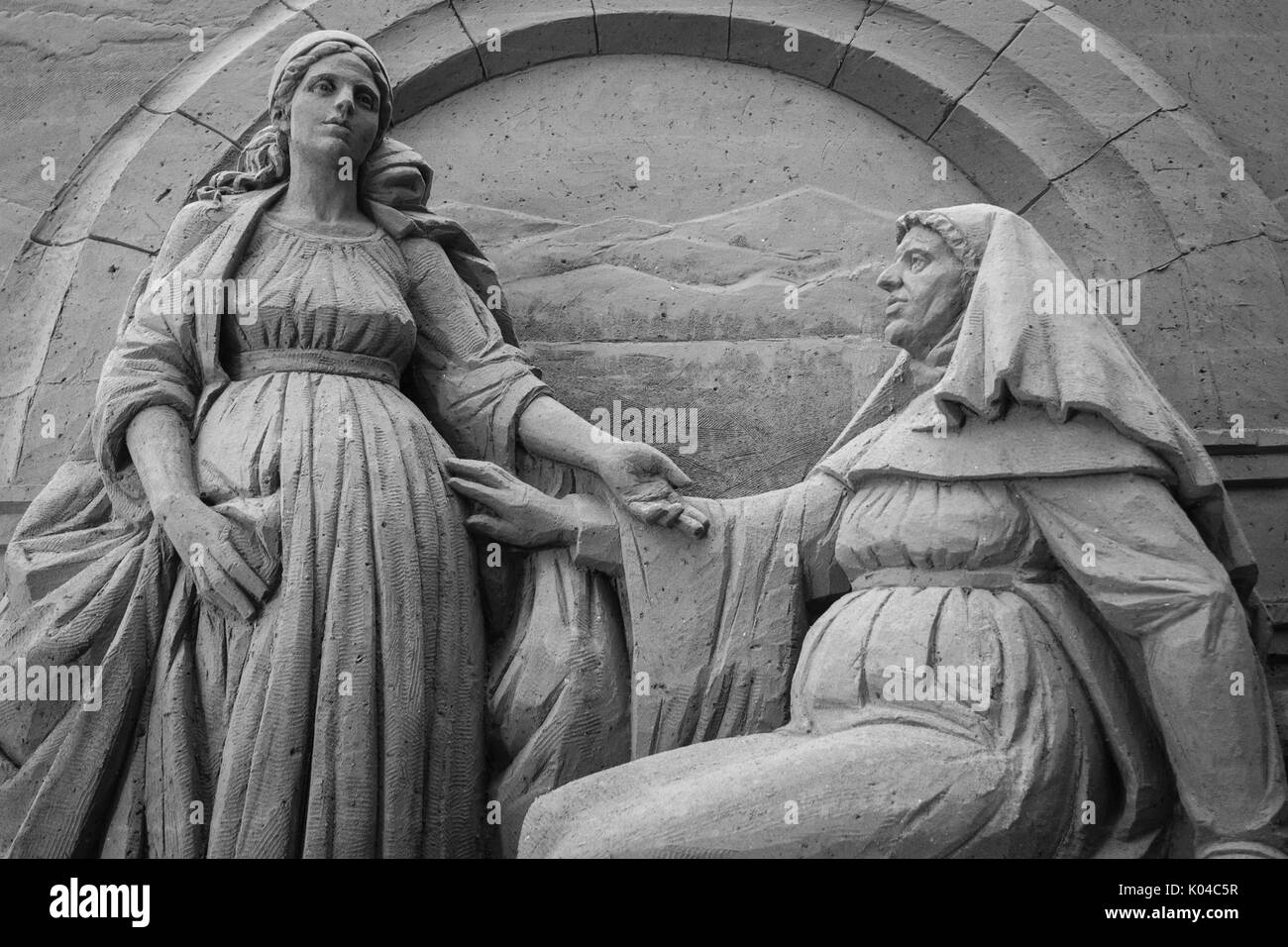 Jesolo lido, Italie : Nativité 2016 Sable sable magnifique, représentant la sainte famille sculptures et l'exode de la bible ; Détails et noir et blanc Banque D'Images