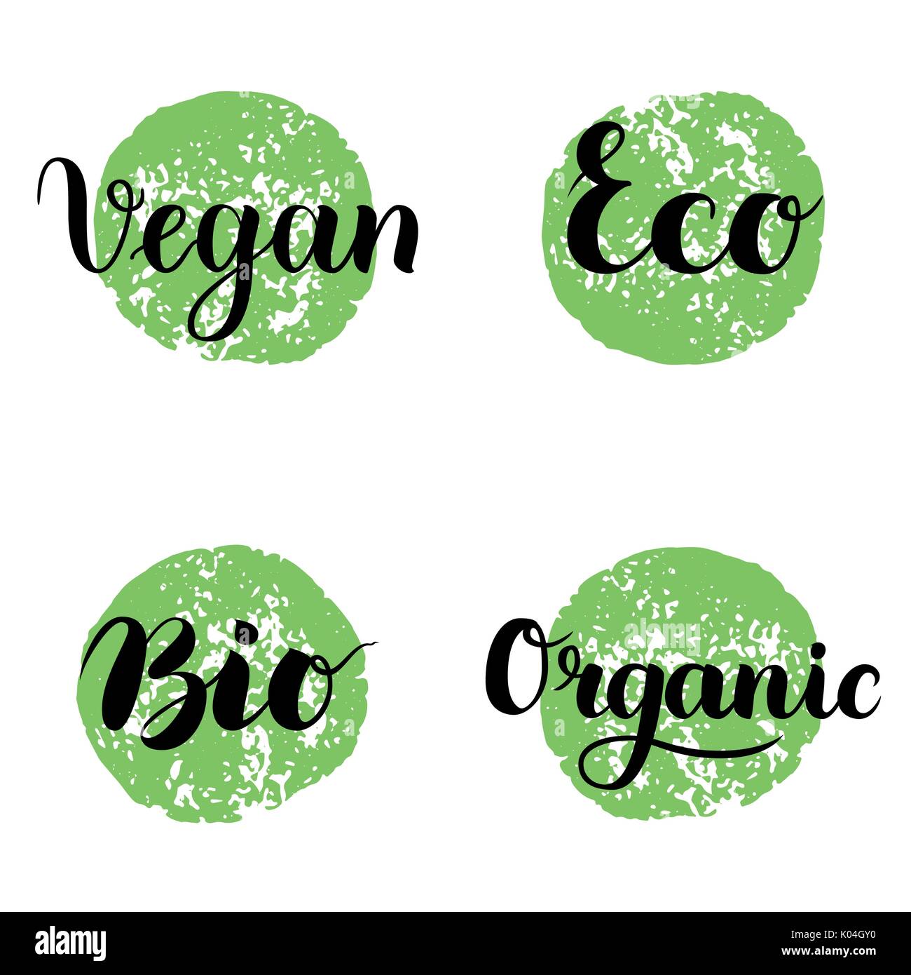 Eco, Bio, Biologique, végétalien lettrage. Dessiné à la main des icônes modernes écologique et insignes contre cercle vert. La calligraphie au pinceau Set créatif. Vector illustr Illustration de Vecteur