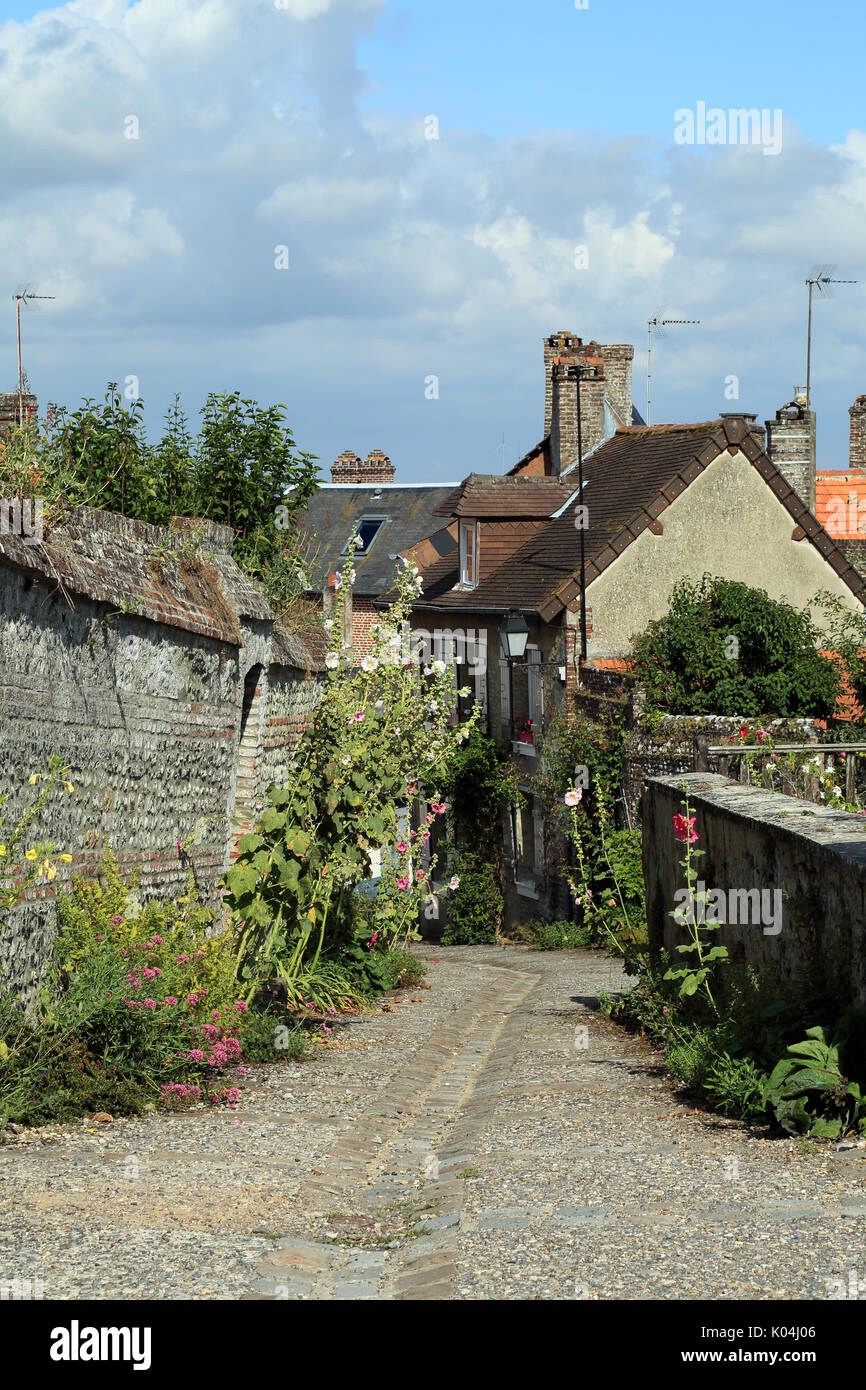 Rue pavée avec des murs et des plantes dans la rue de la fosse, saint valery sur Somme, Somme, hauts de france, france Banque D'Images