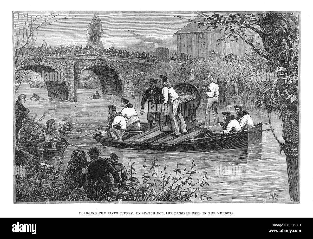 En faisant glisser la Liffey, dans l'espoir de trouver les poignards utilisé dans le Phoenix park de meurtres. Date : 1882 Banque D'Images