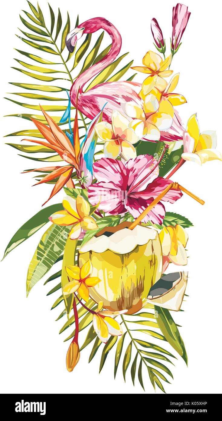 Peinture Aquarelle bouquet tropical avec des fleurs exotiques, noix de coco et Flamingo. EPS 10 Illustration de Vecteur