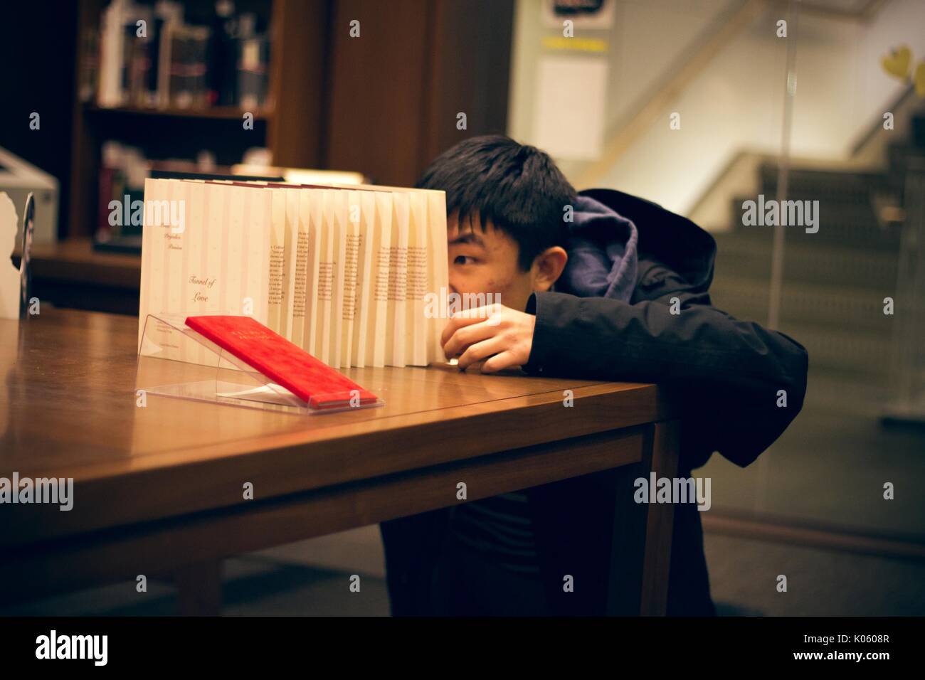 View of Asian college étudiant à l'Université Johns Hopkins à genoux à côté d'une table pour mieux voir à un artefact collections spéciales, 2016. Avec la permission de Eric Chen. Banque D'Images