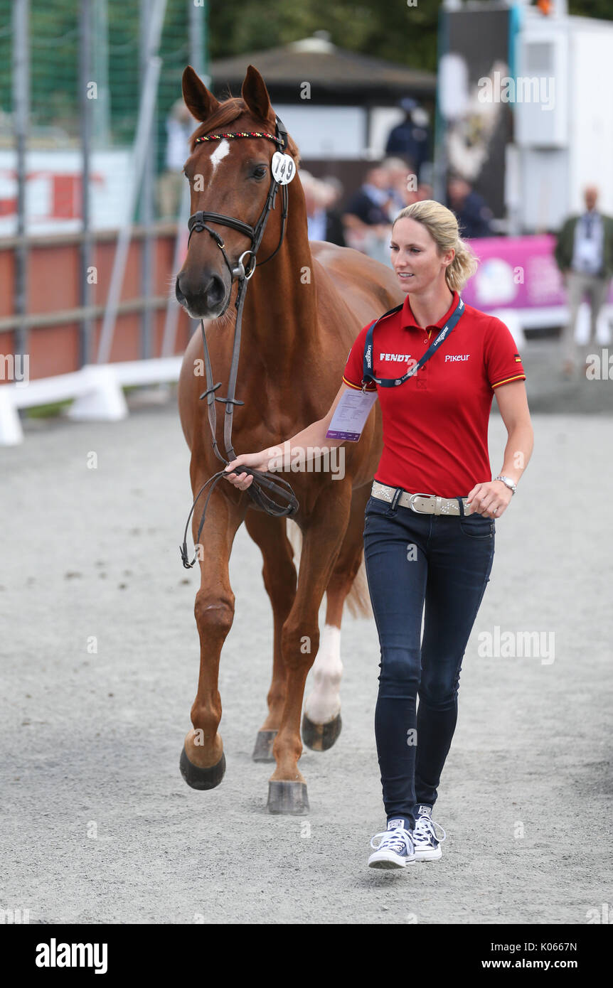 Göteborg, Suède. Août 21, 2017. Cavalier allemand Simone Blum prend son cheval Alice DSP pour un contrôle médical à la Longines FEI European Championships 2017 à Göteborg, Suède, 21 août 2017. La compétition se poursuivra jusqu'au 27 août. Photo : Friso Gentsch/dpa/Alamy Live News Banque D'Images
