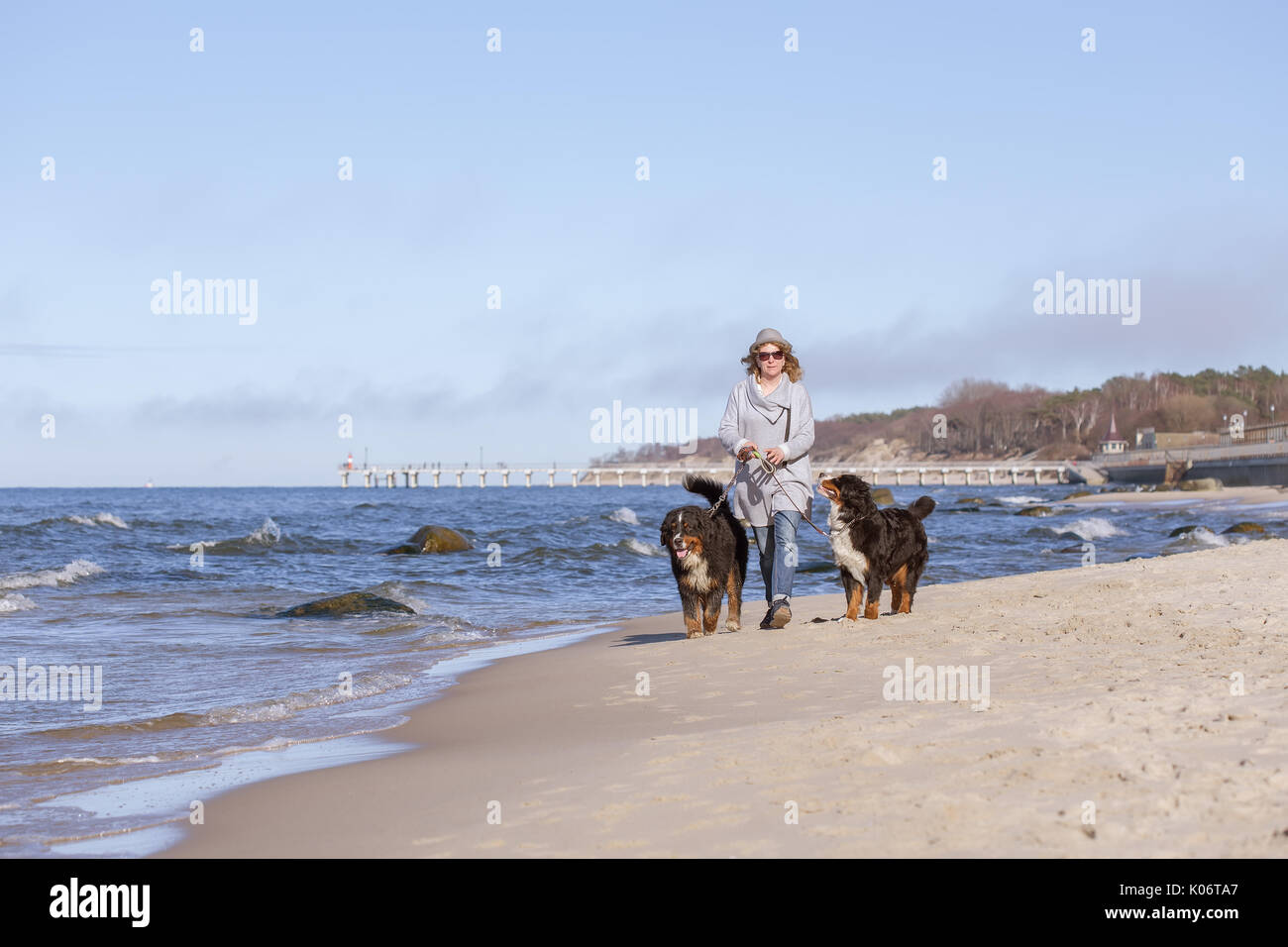 Femme avec bernois sur mer plage Banque D'Images