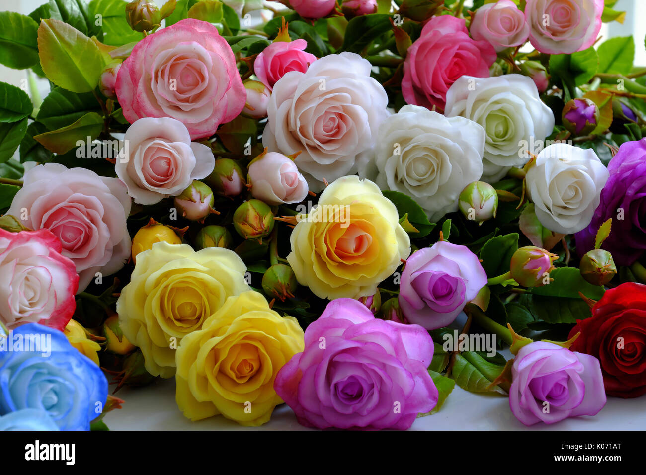 Fond de fleurs roses colorées, groupe de rose multicolore faire de l'argile, des produits d'habile de la main, l'ornement de l'argile si incroyable d'art Banque D'Images