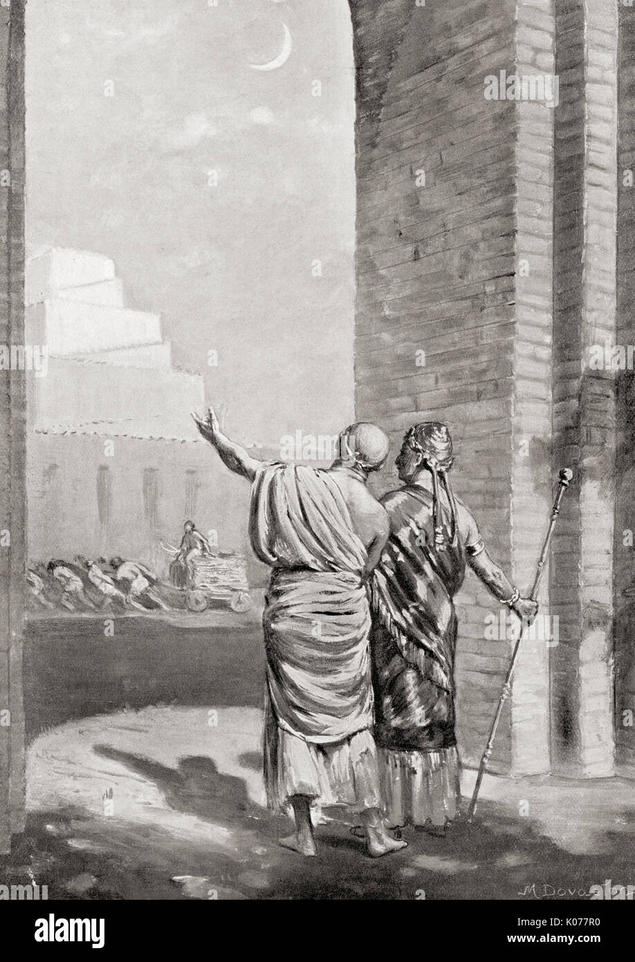 Ur-Engure l'inspection de la construction de la ziggourat ou Grande ziggourat d'Ur. Ur-nammou aka Ur-Namma, Ur-Engur, ou Ur-Gur, ca. 2047-2030 BC. Fondateur de la iiie dynastie sumérienne d'Ur, dans le sud de la Mésopotamie. Après la peinture de Margaret Dovaston (1884-1954). L'histoire de Hutchinson de l'ONU, publié en 1915. Banque D'Images