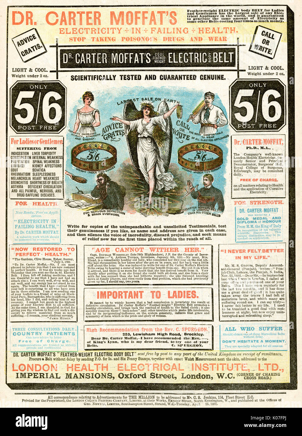 Publicité pour Dr carter Moffat, Electric Belt 1892 Banque D'Images