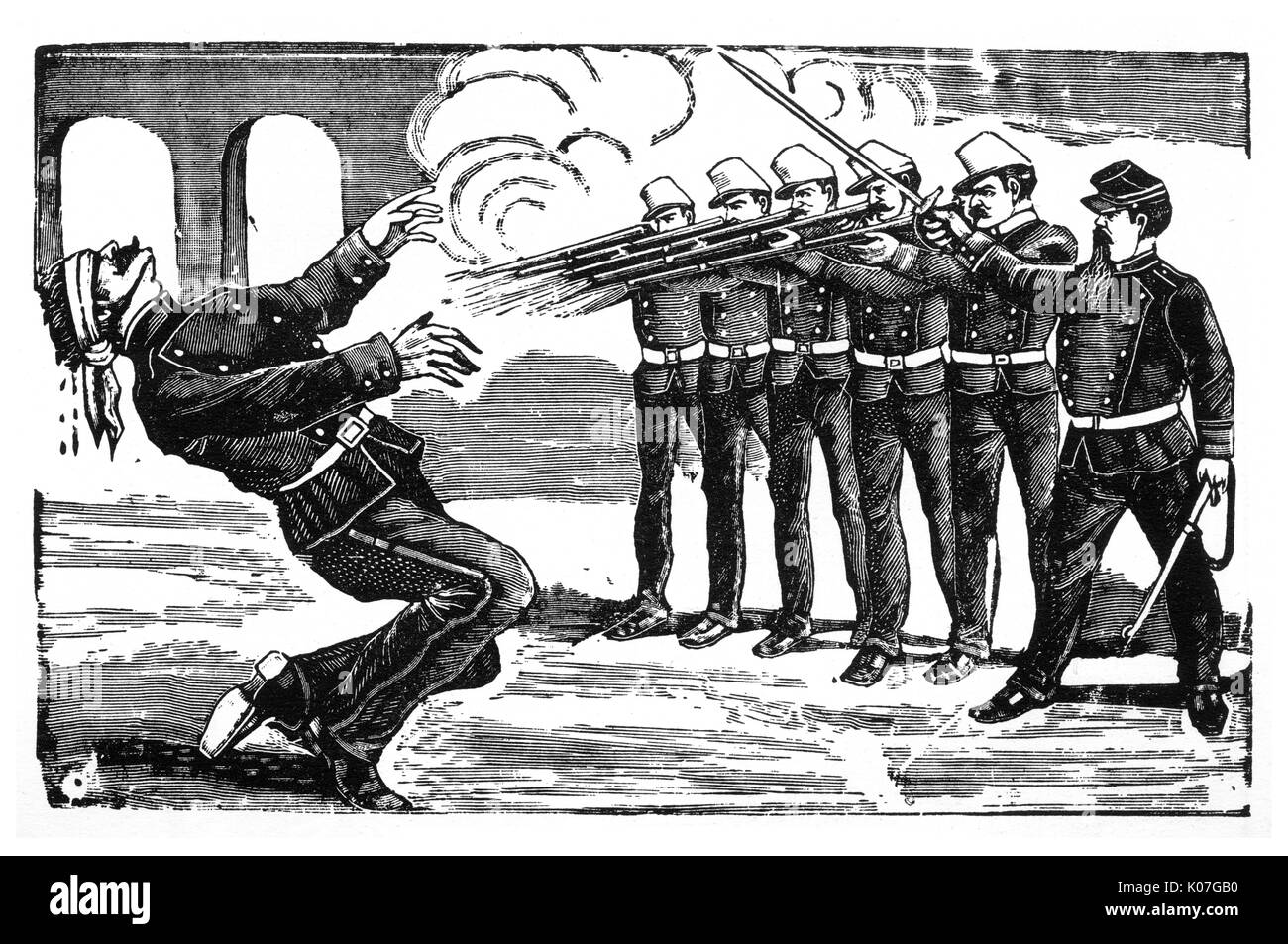 L'exécution par fusillade de capitaine Clodomiro Cota, un colonel de la Baja California qui a lutté contre l'invasion française, et pour les droits de l'homme au Mexique. Date : vers 1890 Banque D'Images