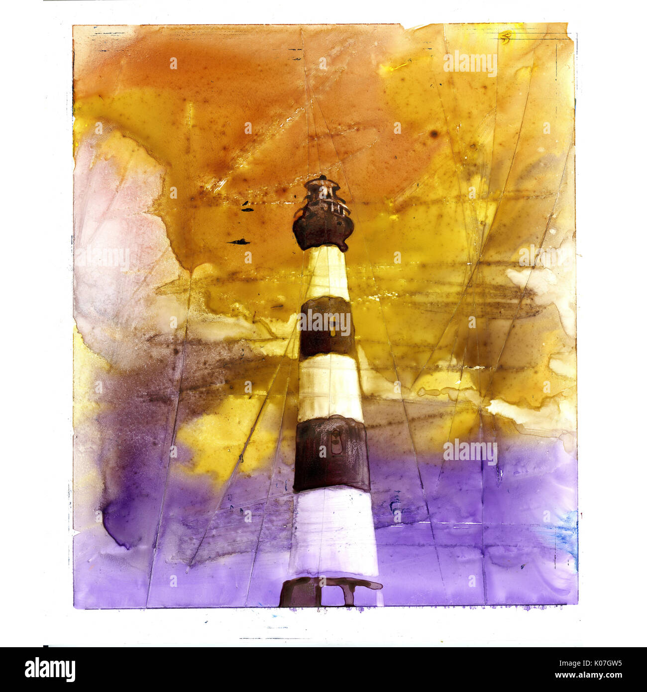 Fine art de l'aquarelle de Bodie Island Lighthouse au coucher du soleil dans les Outer Banks (OBX) de Caroline du Nord - USA Banque D'Images