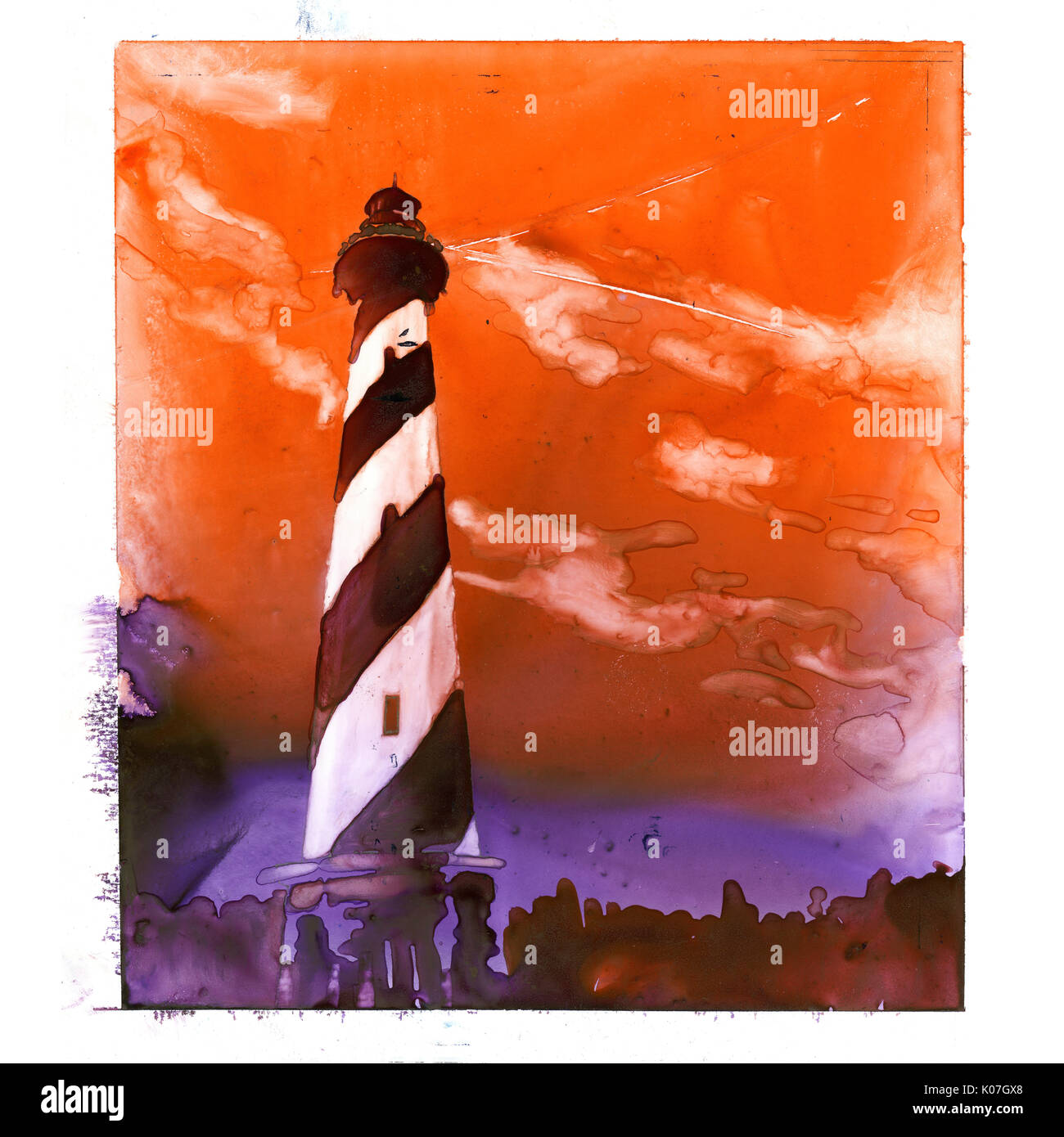 Fine art de l'aquarelle sur papier synthétique YUPO phare du cap Hatteras- Outer Banks, Caroline du Nord. Lighthouse OBX de peinture. Banque D'Images