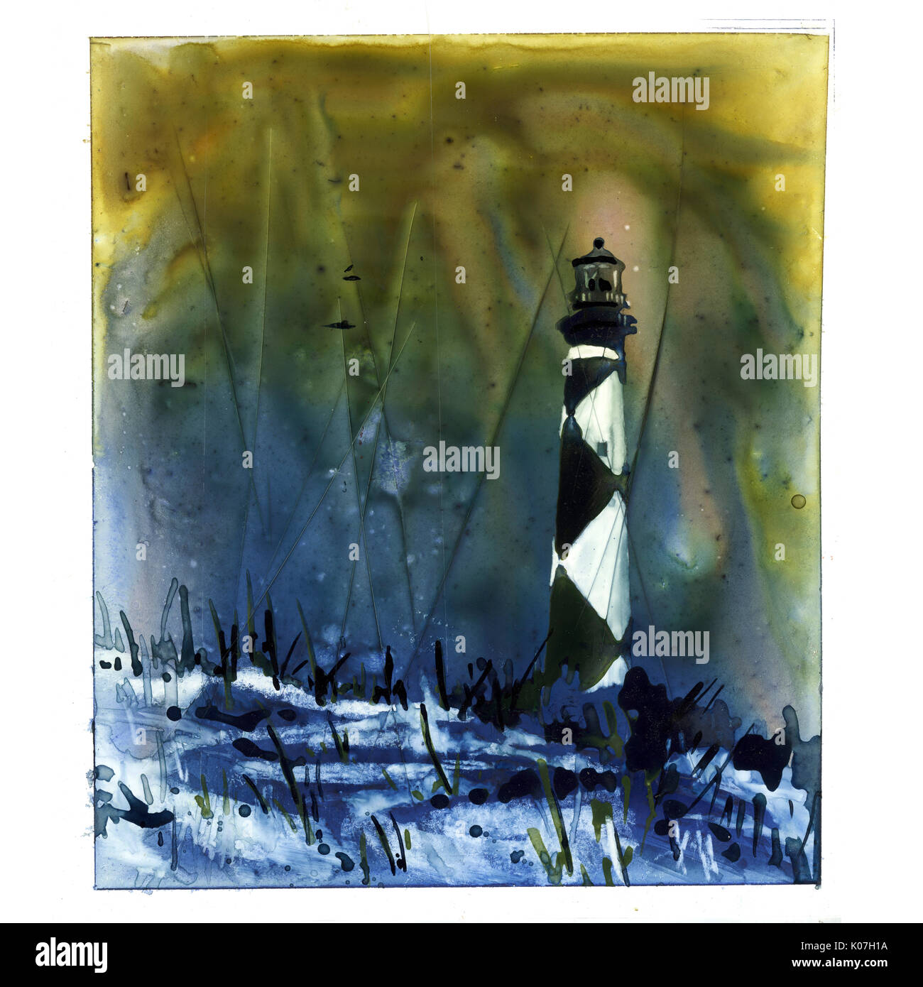 Fine art aquarelle sur papier synthétique YUPO historique de Cape Hatteras lighthouse- Outer Banks, Caroline du Nord. L'oeuvre phare. Banque D'Images