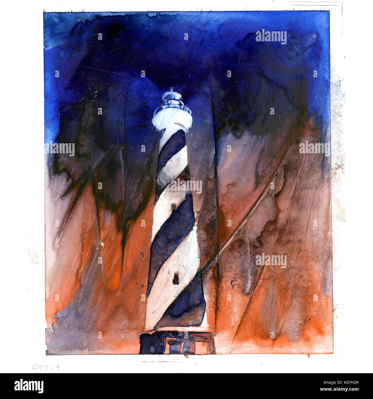 Fine art de l'aquarelle sur papier synthétique YUPO phare du cap Hatteras- Outer Banks, Caroline du Nord. Lighthouse OBX de peinture. Banque D'Images