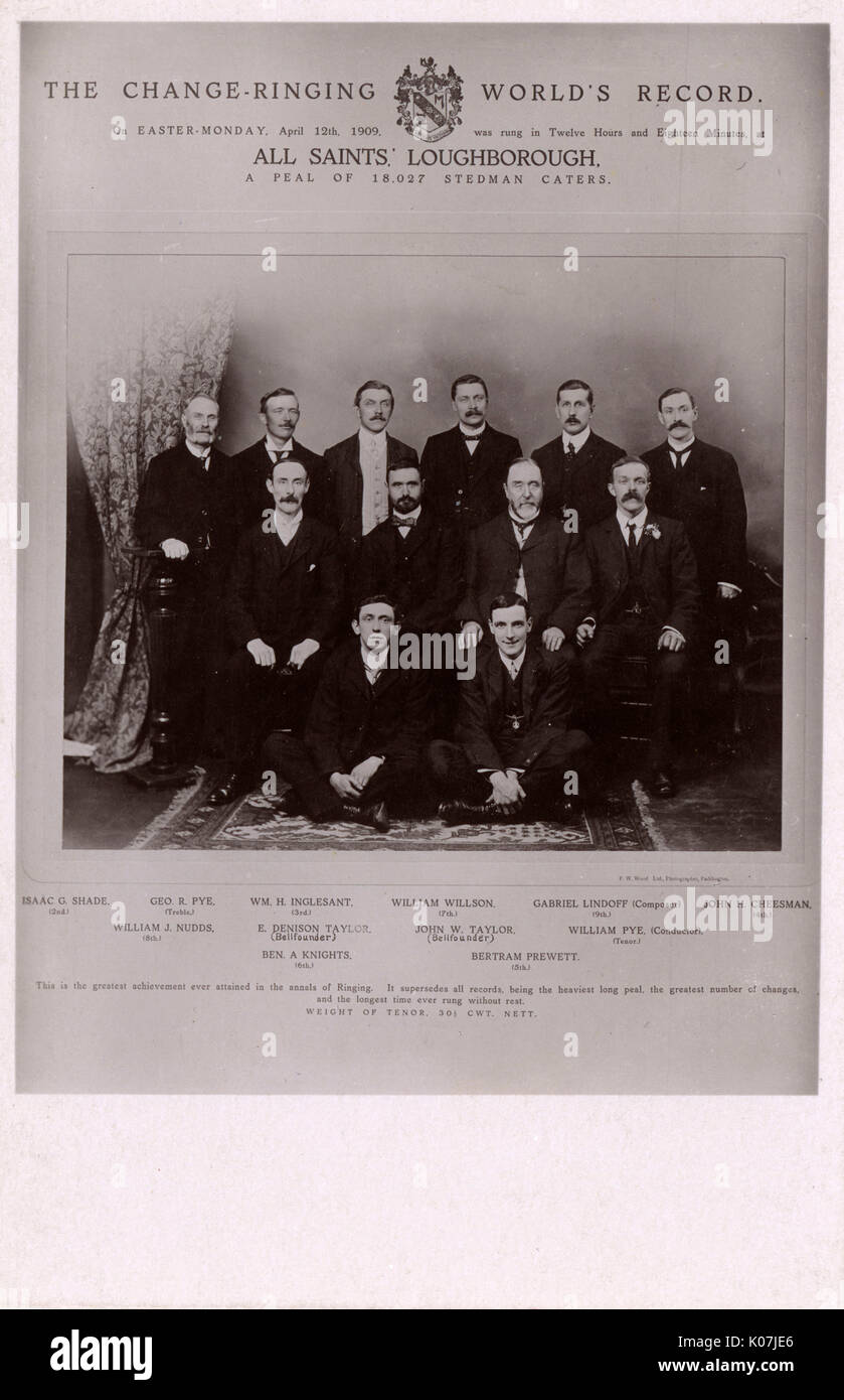 Bellringing - Record du Monde - sonneries-changement qui produit une volée de 18 027 Stedman approvisionne - appelé dans 12 heures et 18 minutes à tous les Saints', Loughborough le lundi de Pâques - 12 avril, 1909. ';C'est la plus grande réalisation jamais atteint dans les annales de la sonnerie. Il remplace tous les documents, d'être le plus long cours, le plus grand nombre de changements et le temps le plus long jamais sonné sans repos.' ; Date : 1909 Banque D'Images
