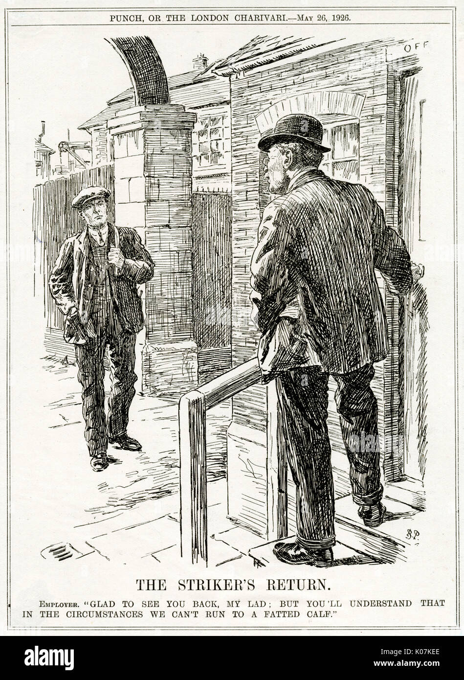 Caricature, le retour de l'attaquant (grève générale 1926) Banque D'Images