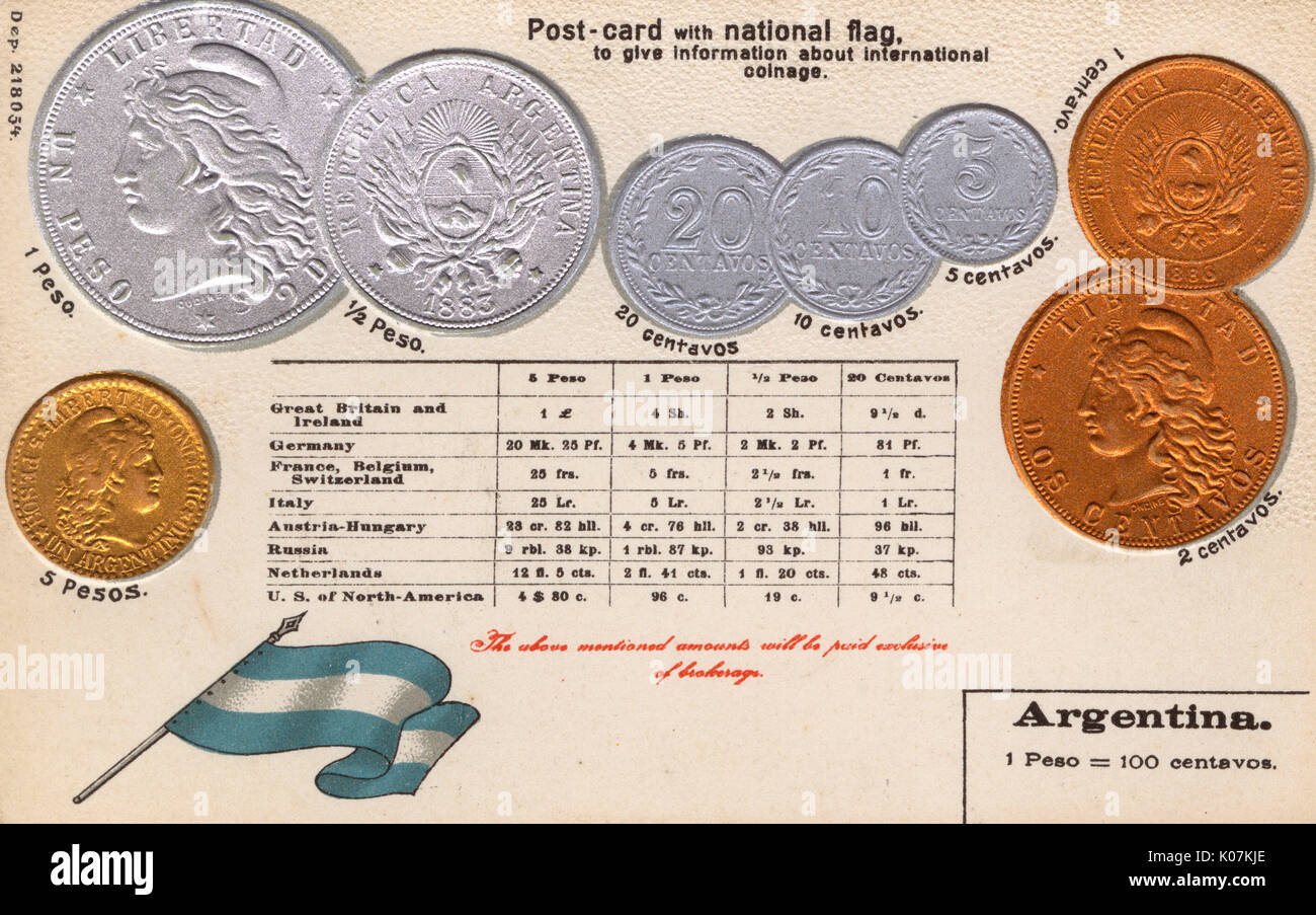 Carte postale expliquant la monnaie de l'Argentine, l'Amérique du Sud, avec des valeurs équivalentes pour les autres pays. Date : vers 1905 Banque D'Images