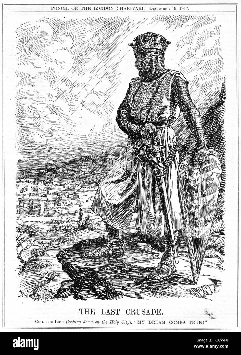 La dernière croisade. Coeur-de-Lion (regardant vers le bas sur la ville sainte). ';Mon rêve se réalise.' ; dessiné par Bernard Partridge et publié dans Punch en décembre 1917, l'image est un commentaire sur l'entrée en général Allenby à Jérusalem en octobre de cette année-là, et a été traité avec des références historiques et le patriotisme par la presse britannique. Date : 1917 Banque D'Images