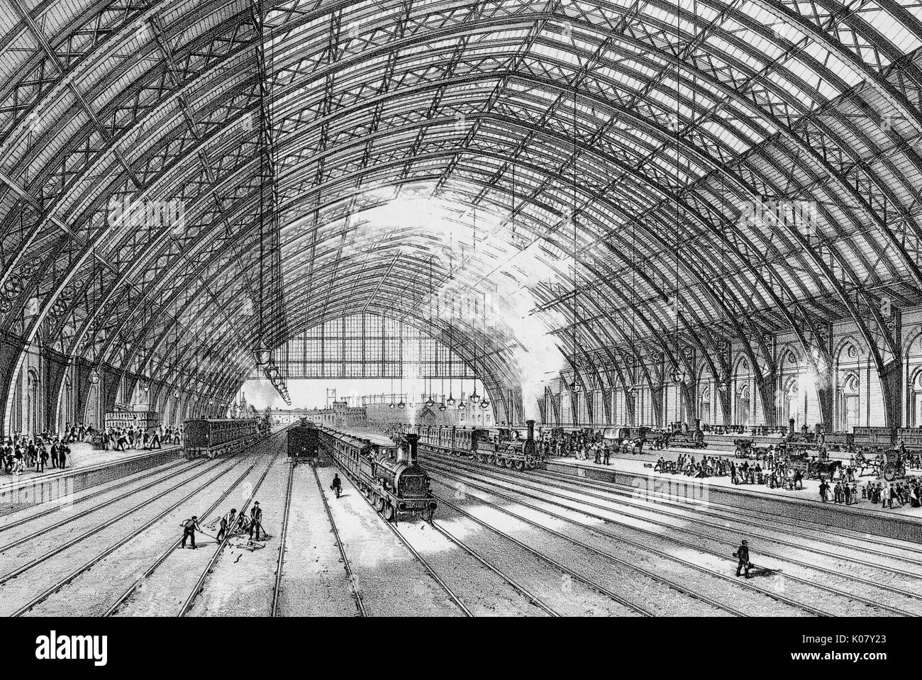 La gare St Pancras, Londres - l'intérieur. Date : vers 1870 Banque D'Images