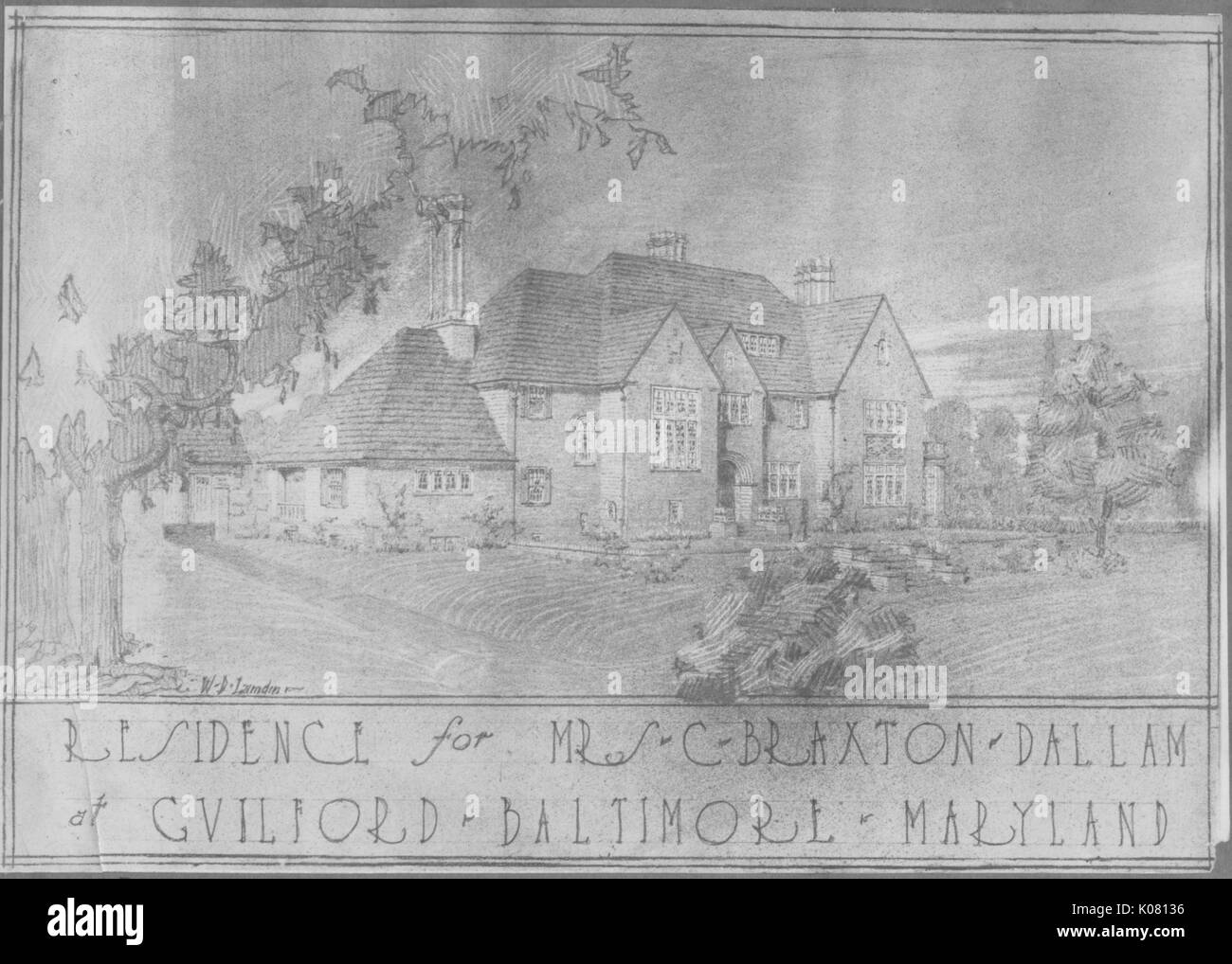 Croquis de Madame C. Braxton Dallam's grande maison de deux étages sur la rue St Paul à Baltimore, le sketch est intitulé 'RÉSIDENCE DE MADAME C. BRAXTON DALLAM DE GUILFORD BALTIMORE MARYLAND', Madame C. Braxton Dallam était intéressé à diverses activités sociales et philanthropie, elle a été présidente de la Fell's Point de dispensaire et un membre fondateur de la Ligue des femmes à la vie civique, United States, 1910. Cette image est tirée d'une série sur la construction et la vente de maisons dans le quartier Roland Park/Guilford de Baltimore, a streetcar suburb et l'une des premières communautés planifiées aux États-Unis. Banque D'Images