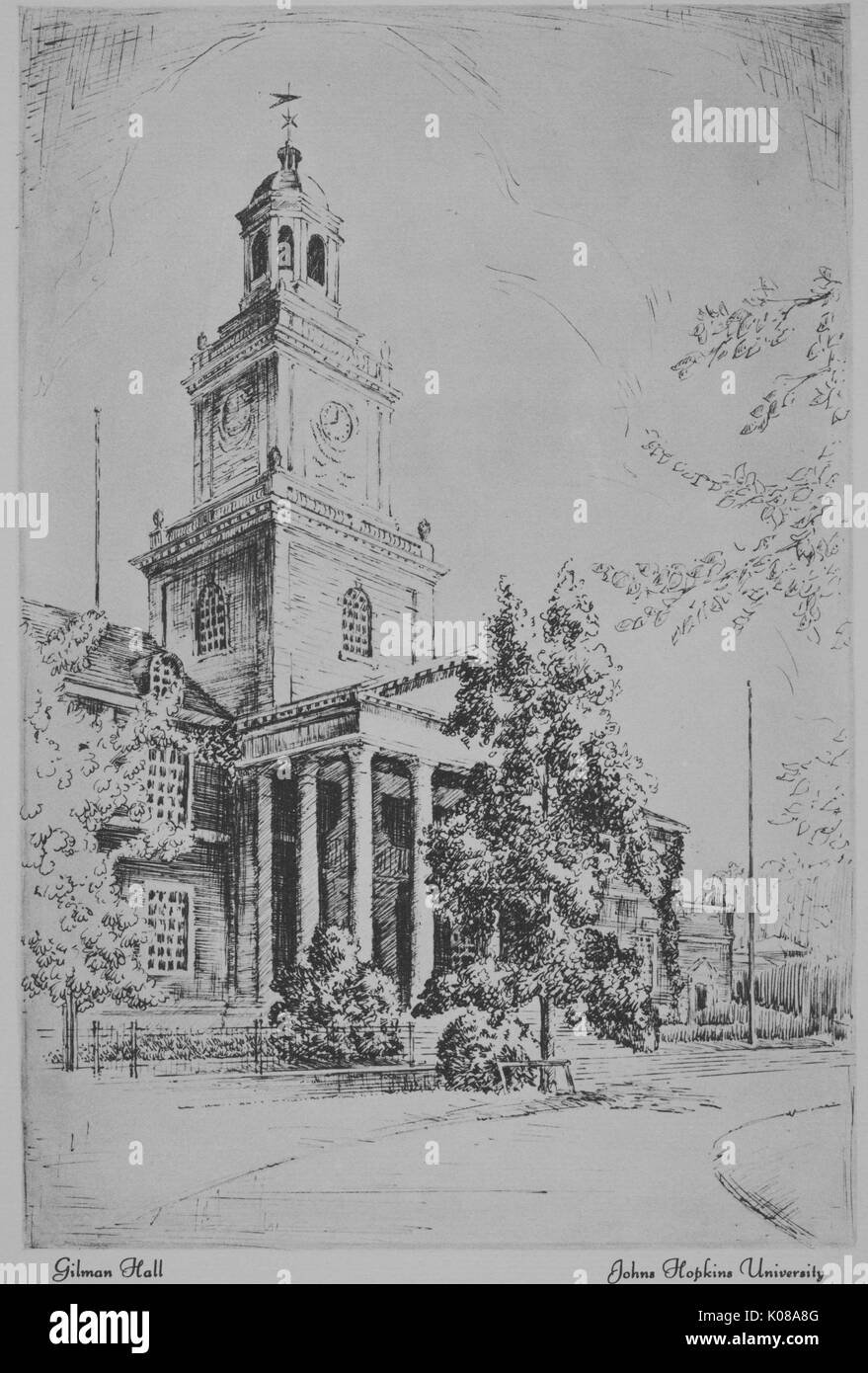 Imprimer d'un croquis de Gilman Hall sur l'Homewood campus de l'Université Johns Hopkins à Baltimore, Maryland, montrant l'architecture et l'aménagement paysager, 1915. Banque D'Images