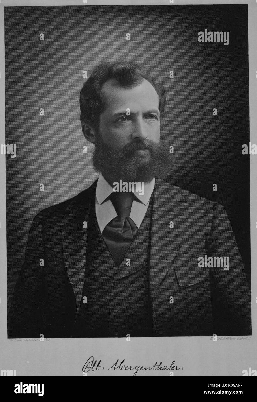 Portrait assis de mi-longueur de Ottmar Mergenthaler, germano-américain naturalisé inventeur de la machine linotype, 1894. Banque D'Images