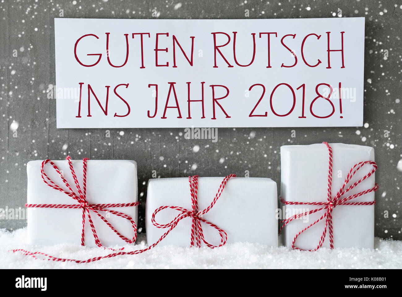 Cadeau blanc, flocons, Guten Rutsch 2018 signifie Nouvelle Année Banque D'Images