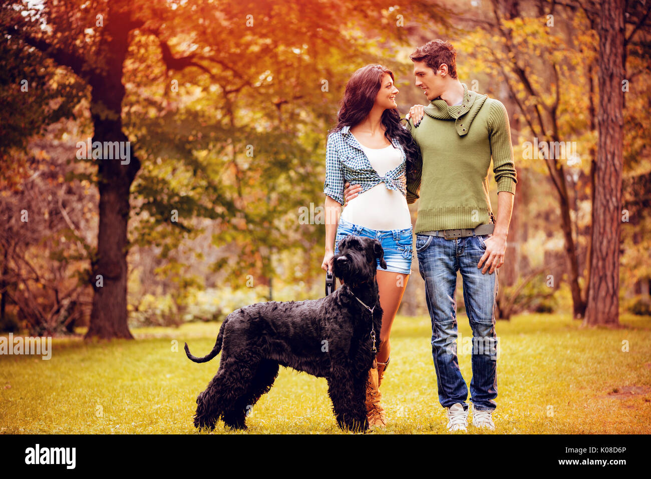 Belle quel beau couple avec un chien, un Schnauzer Géant Noir, à les apprécier et à marcher dans le parc en couleurs de l'automne. Banque D'Images