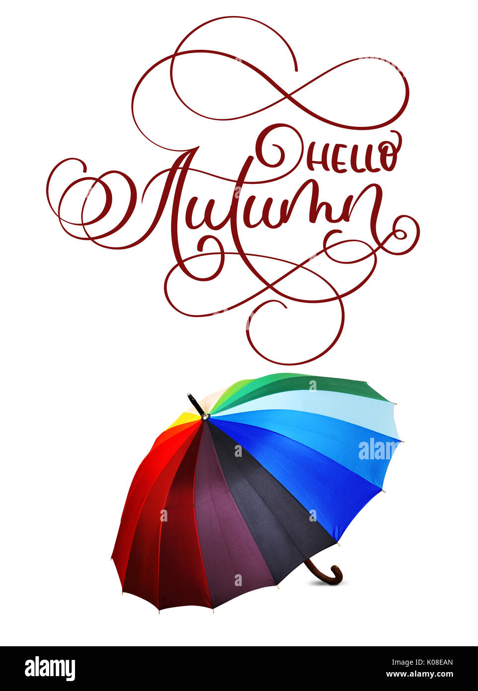 Texte lettrage calligraphie bonjour l'automne et parapluie colorés sur fond blanc Banque D'Images