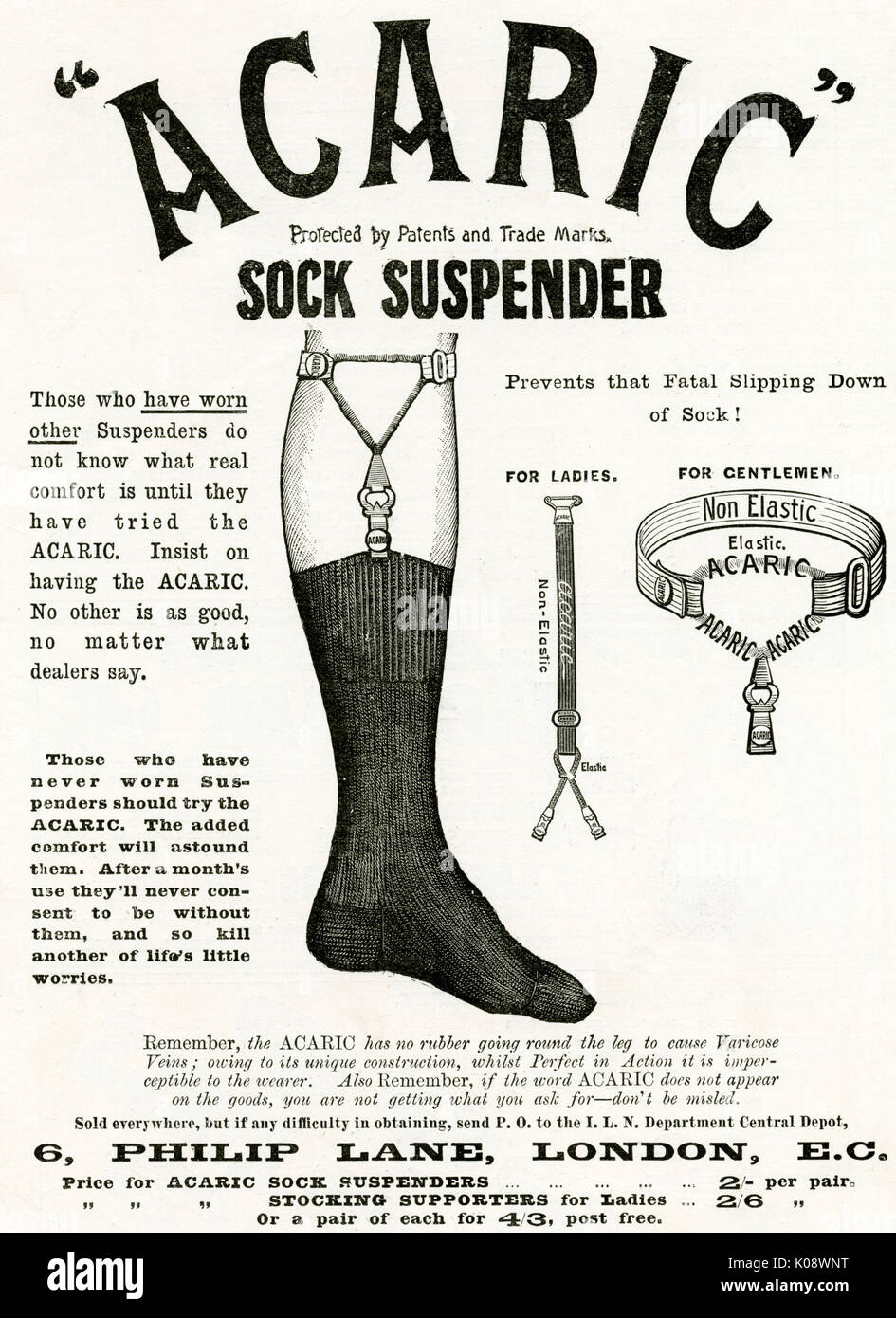 Publicité pour la suspension de chaussettes Acaric pour Homme 1898 Banque D'Images