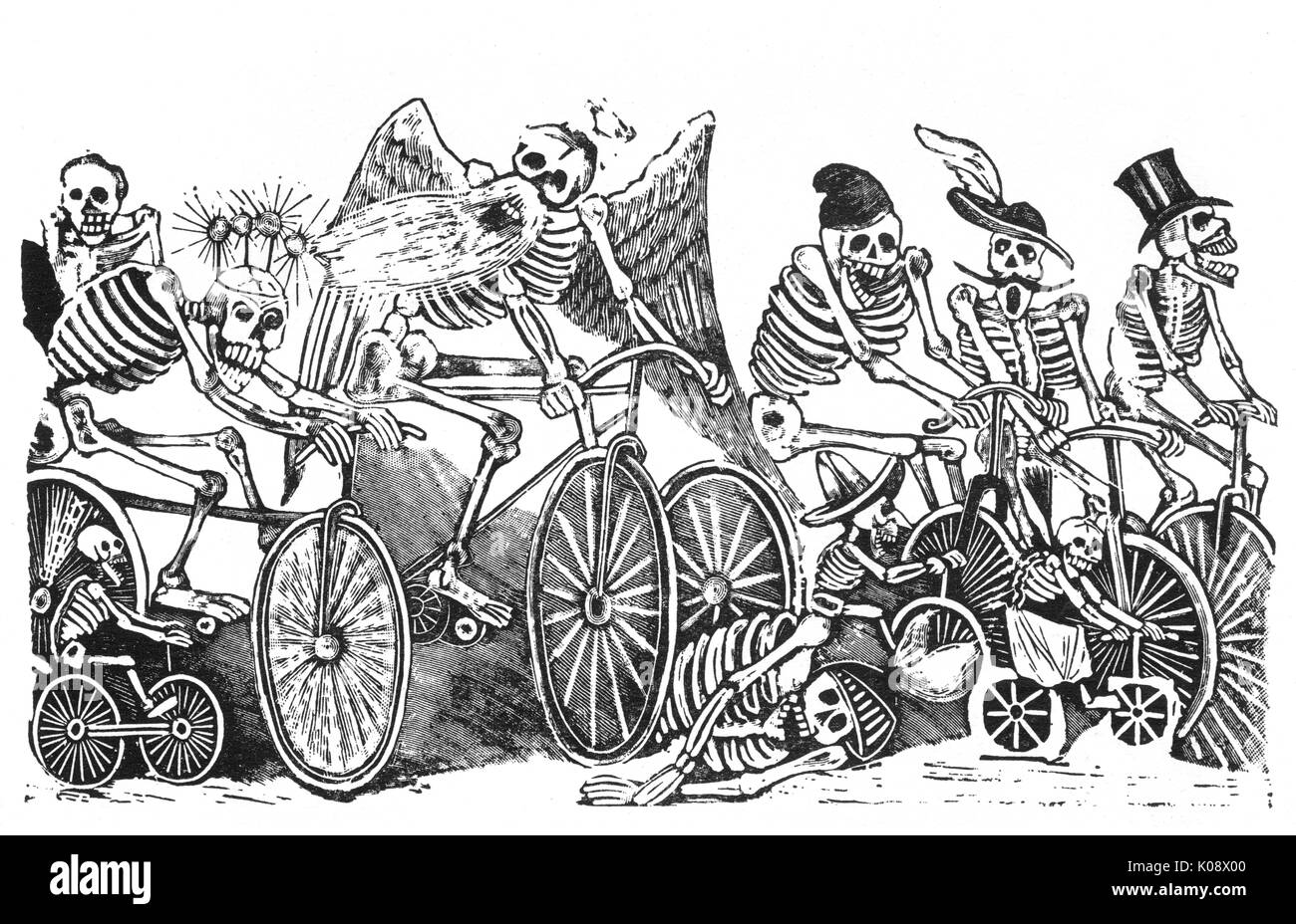 Calavera des journaux, le Mexique -- squelettes sur des bicyclettes. Date : vers 1900 Banque D'Images
