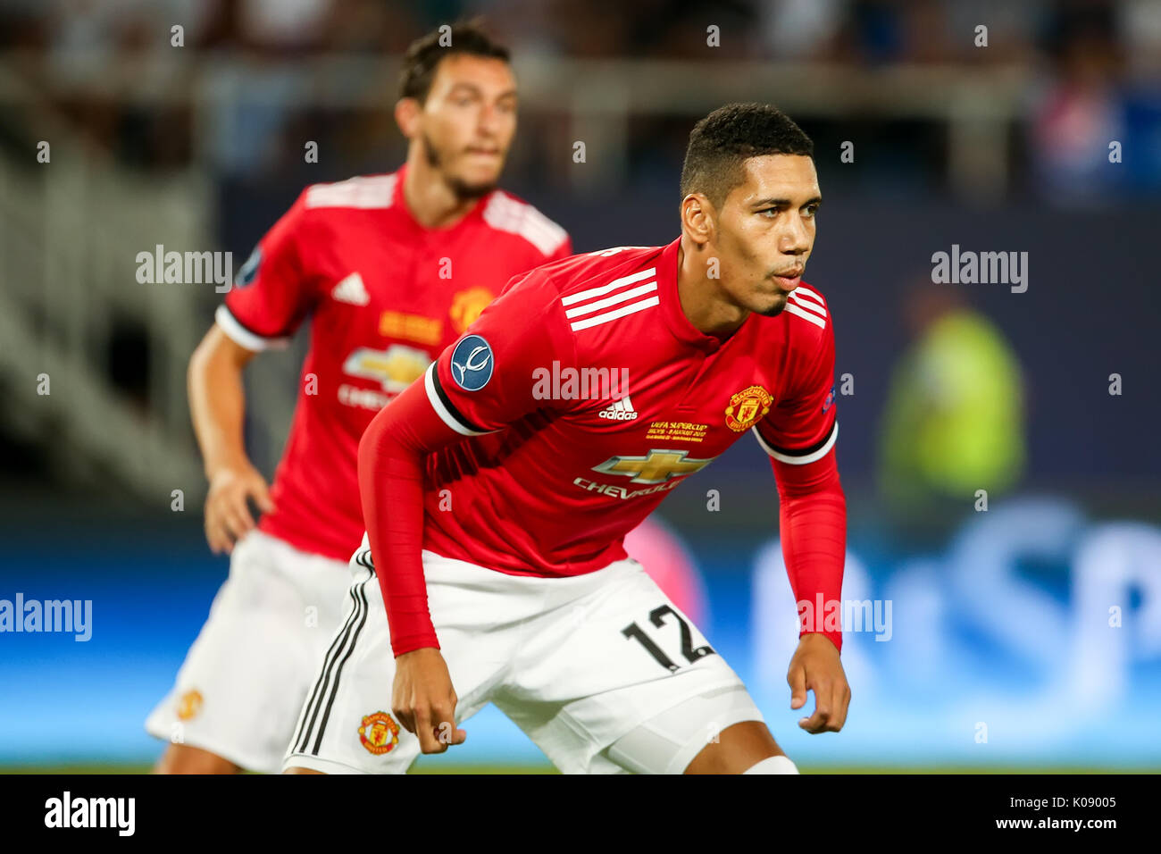 Skopje, Macédoine - Août 8,2017 : Chris Smalling de Manchester United lors de la Super Coupe de l'UEFA match final entre le Real Madrid et Manchester United au Phi Banque D'Images