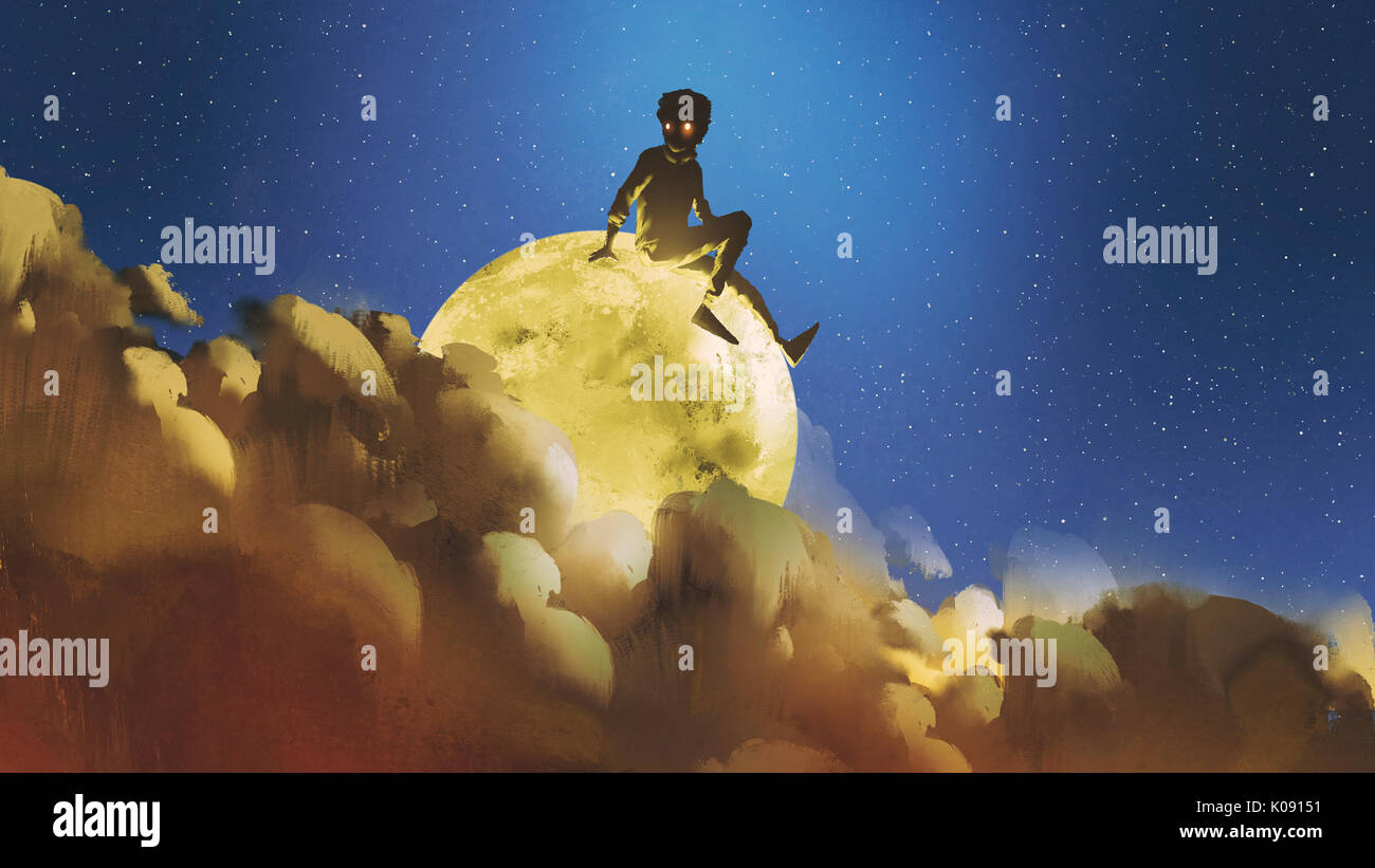 Jeune garçon assis sur la lune rougeoyante derrière les nuages dans le ciel de nuit, style art numérique, illustration peinture Banque D'Images