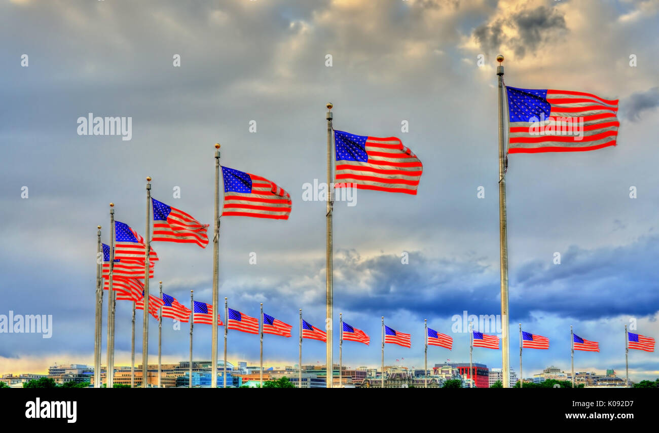 États-unis les drapeaux sur le Washington Monument. Washington, D.C. Banque D'Images