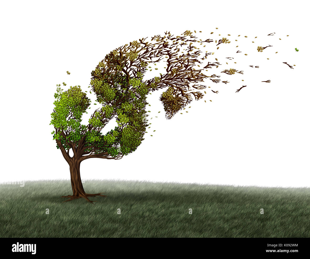 Les turbulences économiques et financières et de l'argent de l'adversité ou crise de l'économie concept comme un arbre d'être soufflé par le vent. Banque D'Images