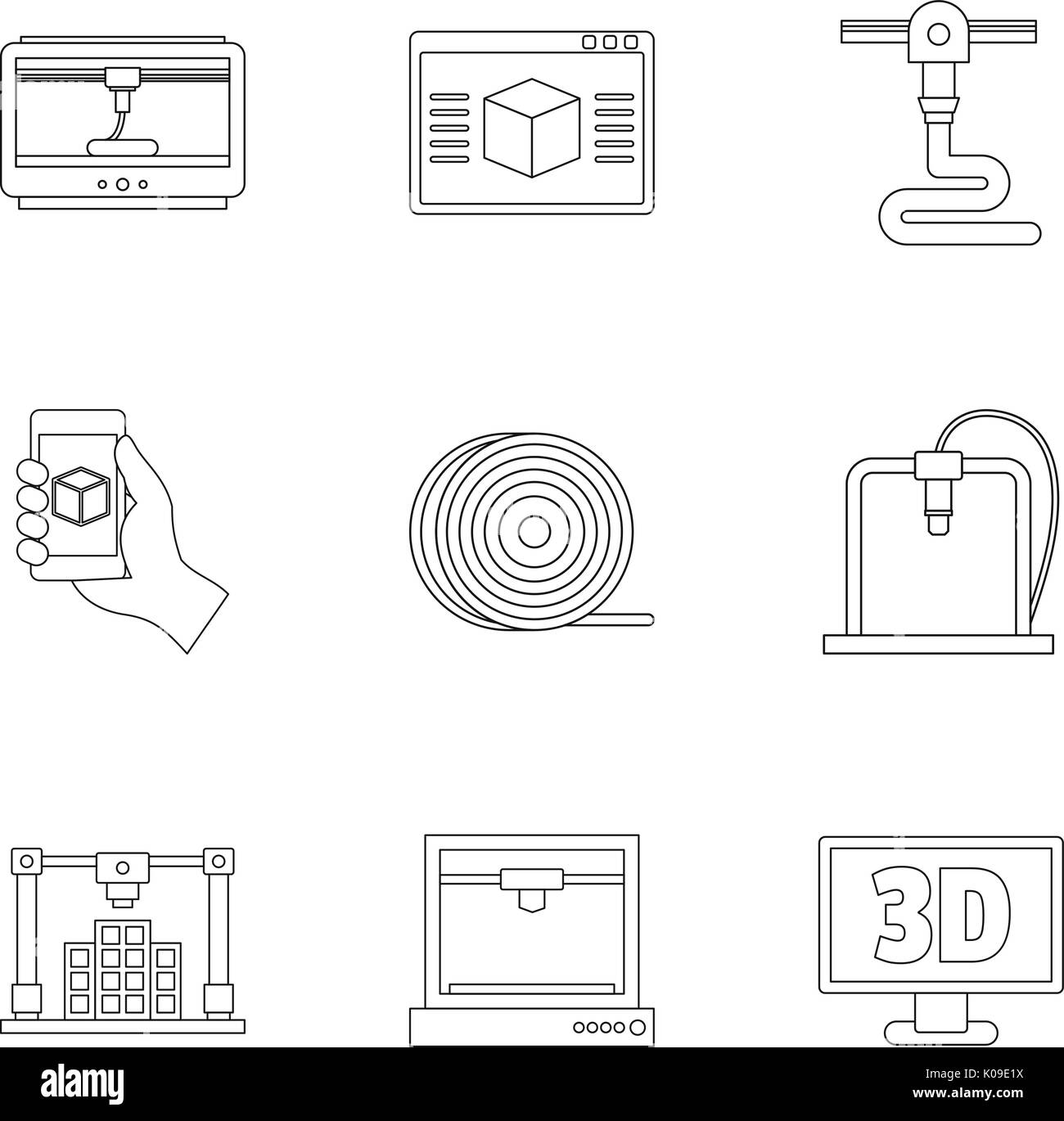 L'innovation de l'imprimante 3d, style contour icon set Illustration de Vecteur