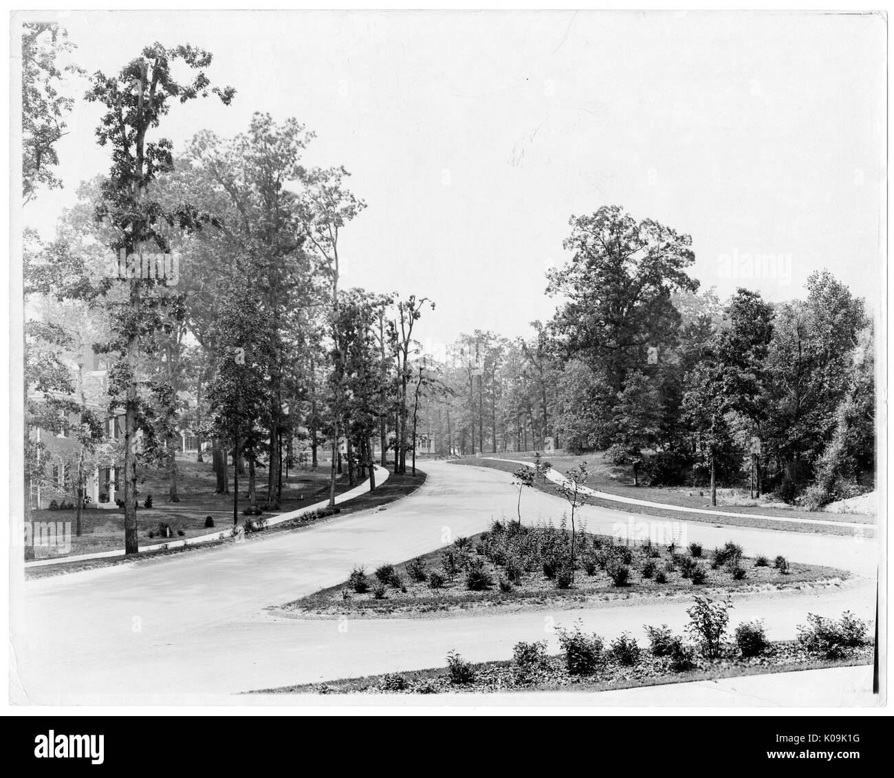 Vue d'une intersection à trois voies près de Guilford, il y a un patch en forme de triangle de terre au milieu de l'intersection, les arbres comme les côtés de la rue, Baltimore, Maryland, 1910. Cette image est tirée d'une série sur la construction et la vente de maisons dans le quartier Roland Park/Guilford de Baltimore, a streetcar suburb et l'une des premières communautés planifiées aux États-Unis. Le quartier a été isolé, et est considéré comme l'un des premiers exemples de l'application de la ségrégation raciale par l'utilisation d'alliances. Banque D'Images