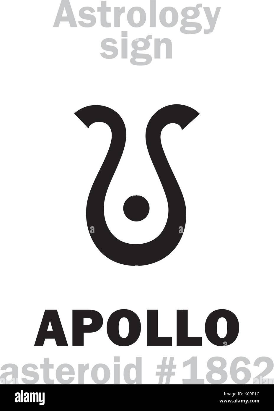 Alphabet d'astrologie : APOLLO (Musagetes), astéroïde # 1862. Caractères hiéroglyphes signe (symbole unique). Illustration de Vecteur