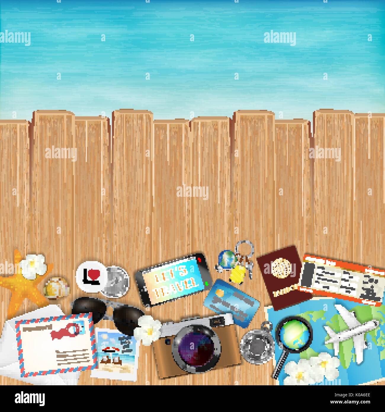 Voyage tropical ensemble d'objets sur bois avec vue sur la mer Illustration de Vecteur