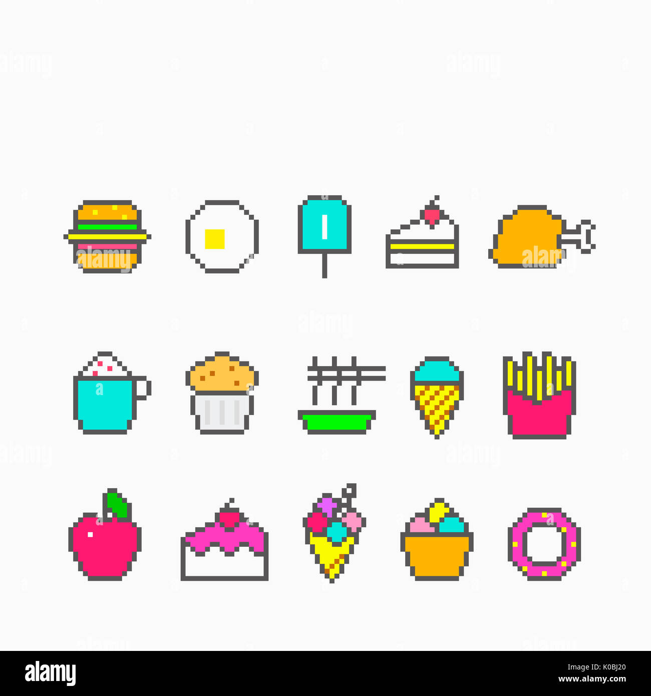 Diverses icônes pixel de nourriture Banque D'Images