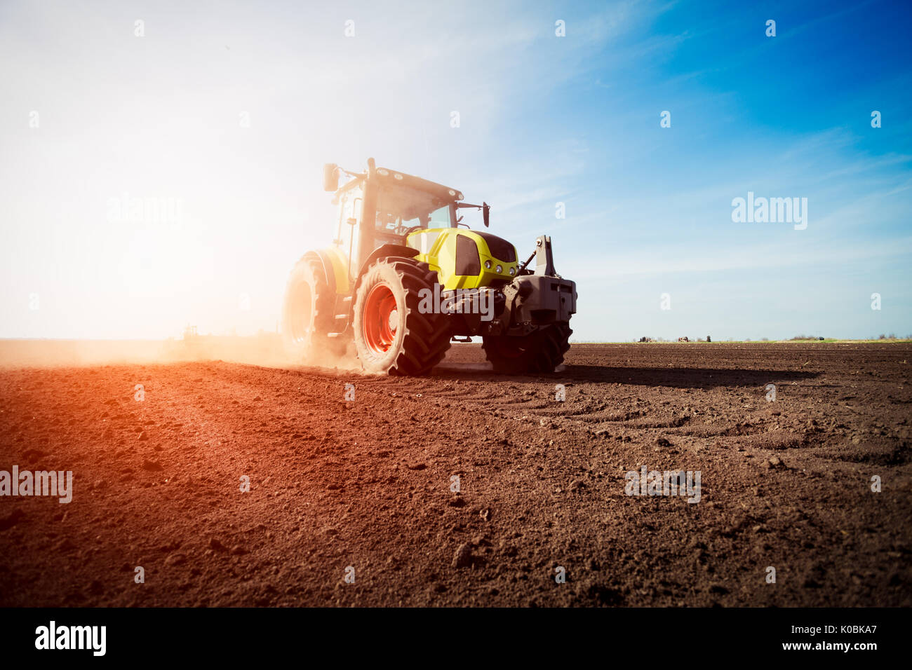 Tracteur travaillant sur les terres agricoles sur le coucher du soleil Banque D'Images