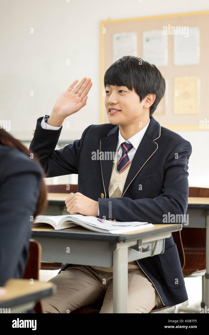 School boy Smiling levant la main pour poser une question en classe Banque D'Images