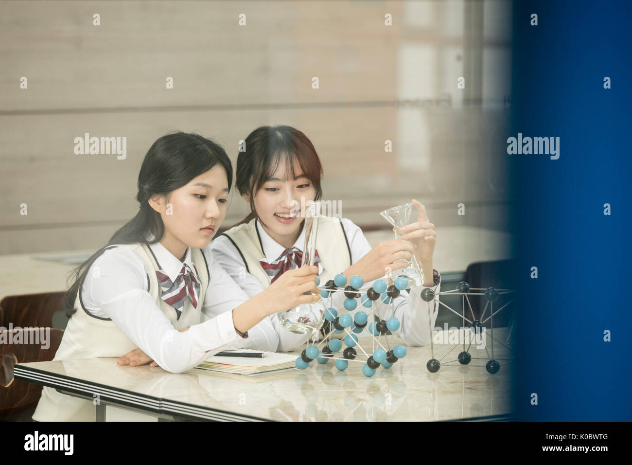 Portrait de deux fille de l'école structure moléculaire d'apprentissage Banque D'Images