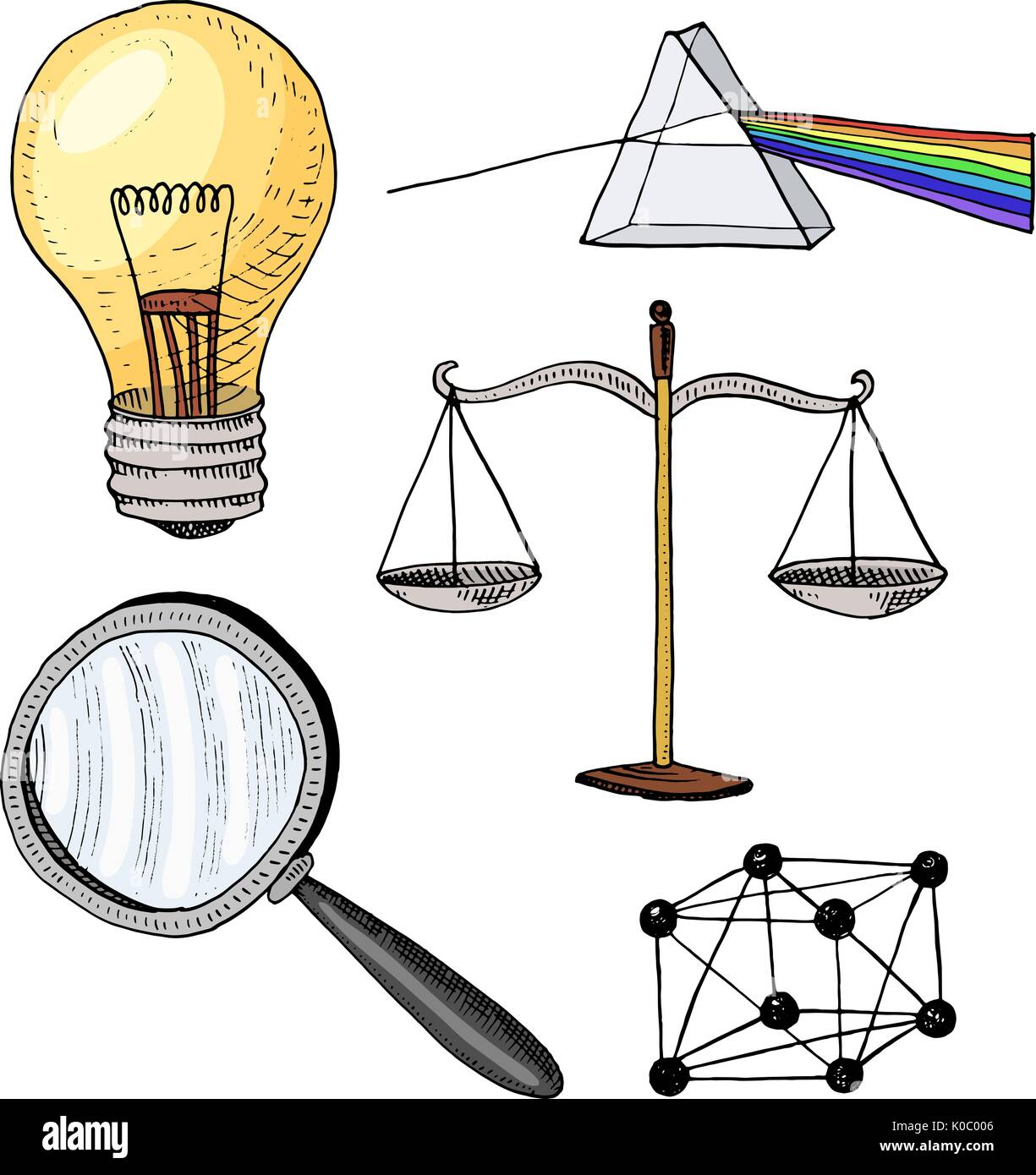 Lightbulb et prisme, réseau cristallin et l'échelle avec loupe. gravés à la main dans de vieux croquis et vintage des symboles. Retour à l'école, éléments de la science ou la physique et d'expériences en laboratoire. Illustration de Vecteur