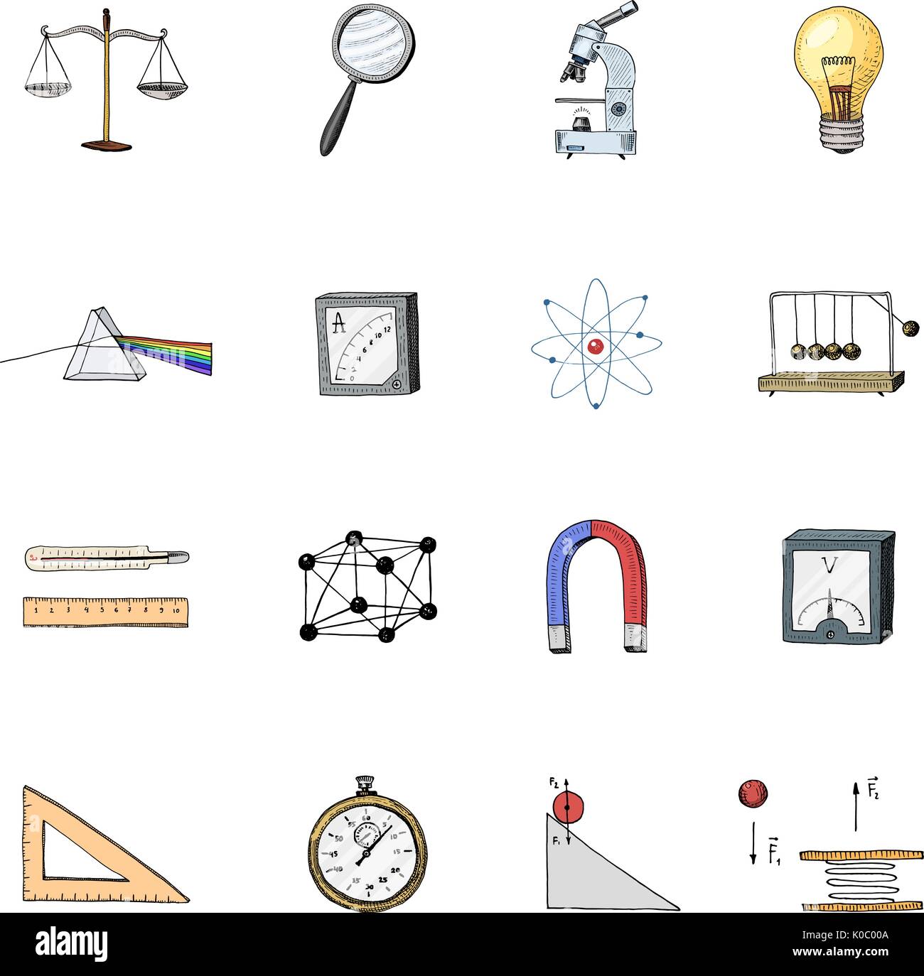Boussole et aimant, alpelmet avec thermomètre et microscope. gravés à la  main dans de vieux croquis et symboles vintage en physique de calcul de  l'élément Retour à l'École de la science et