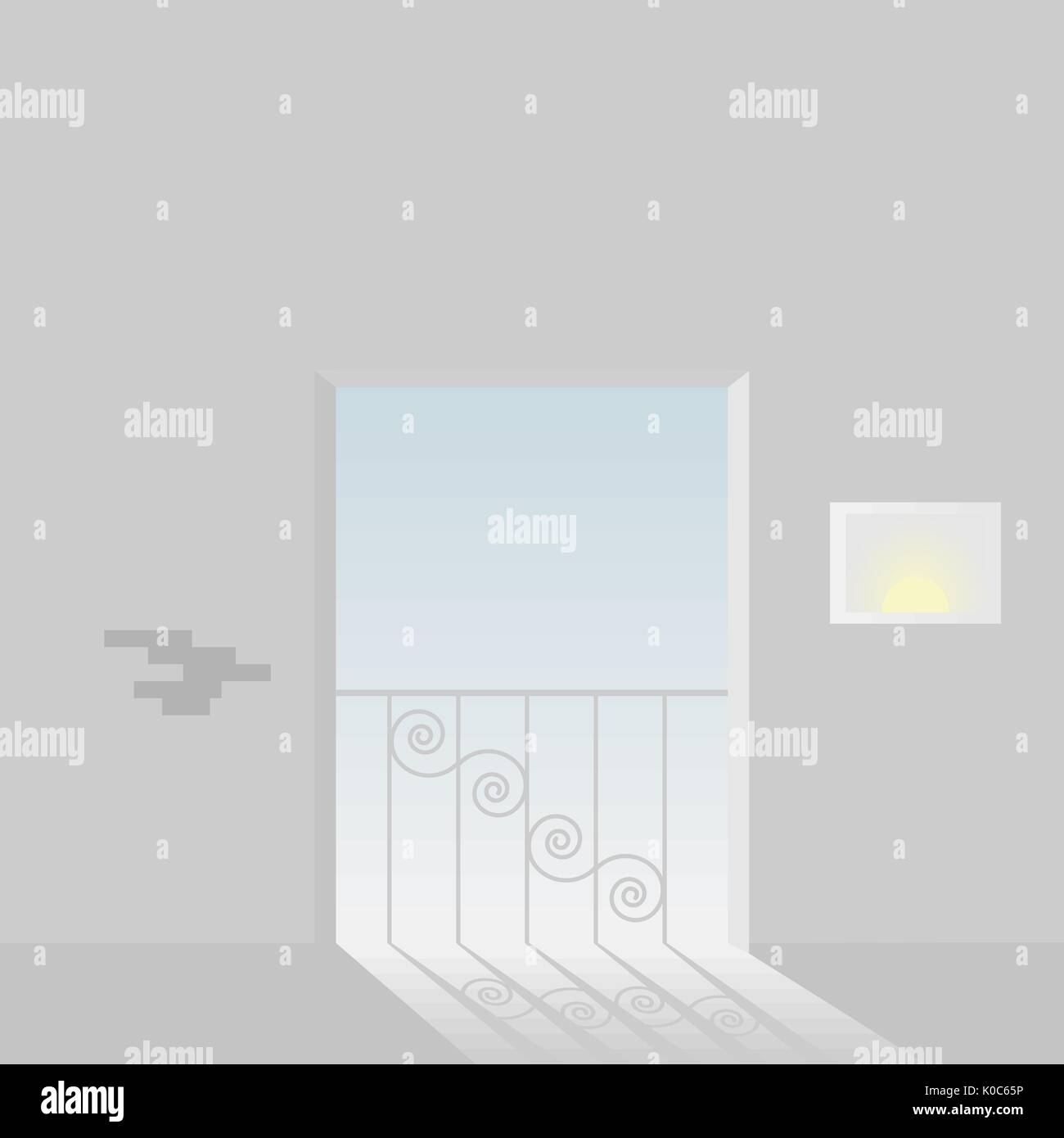 Chambre avec balcon et fenêtre ouverte.vector illustration. Illustration de Vecteur