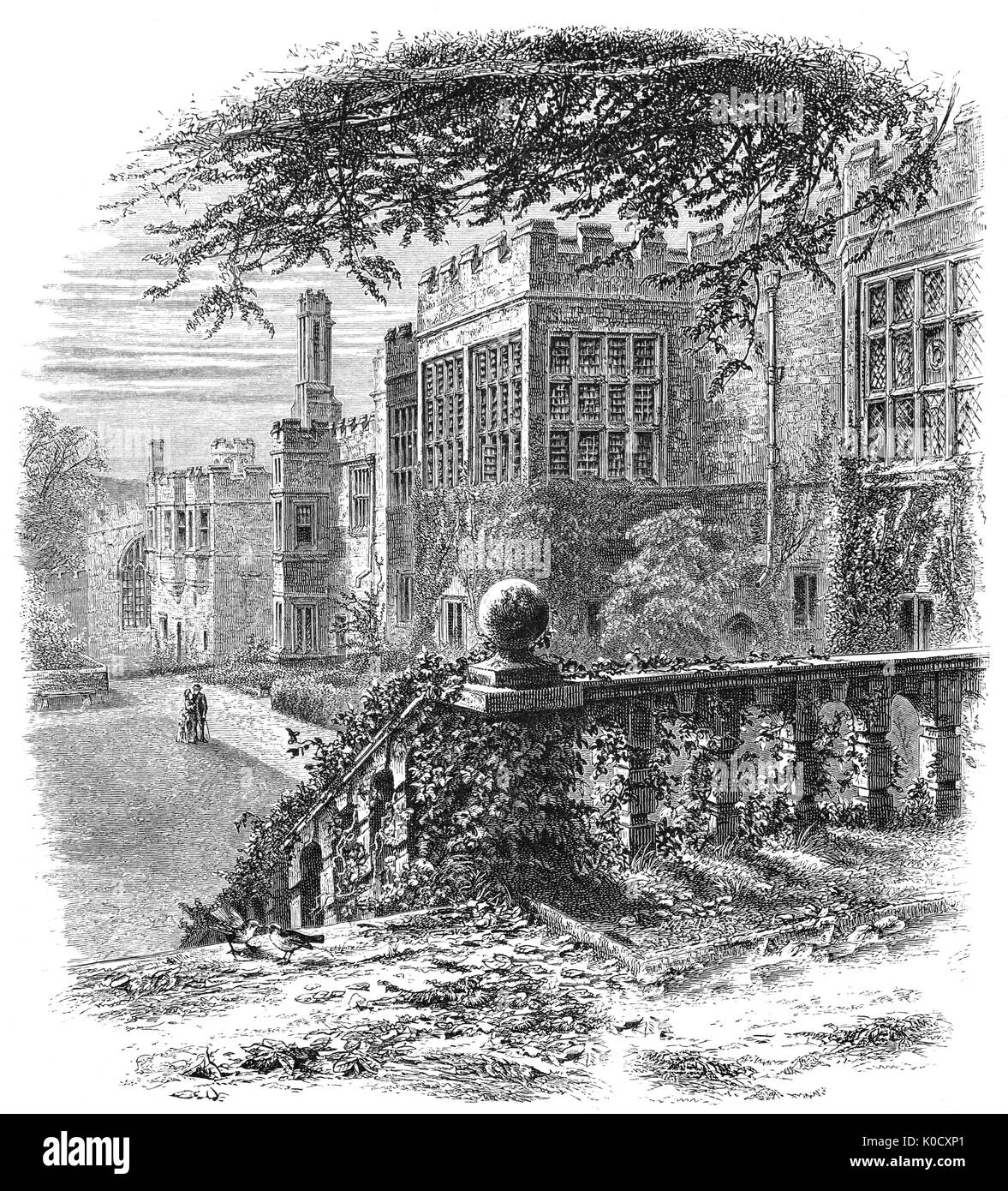 1870 : Haddon Hall est une maison de campagne anglaise sur la rivière Wye près de Bakewell est l'un des sièges du Duc de Rutland. Les origines de la salle date du 11ème siècle, salle Tudor et médiévale actuelle comprend les ajouts ajoutés à différentes étapes entre le 13e et le 17e siècles. Le Derbyshire, Angleterre. Banque D'Images