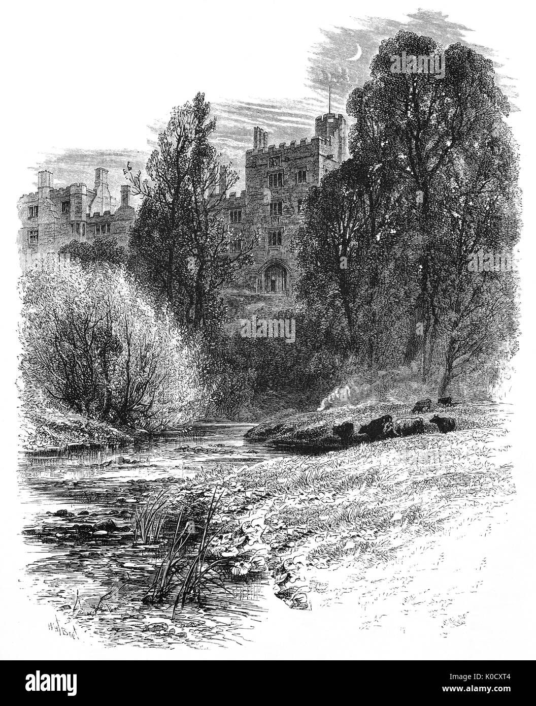 1870 : une nuit viw sur la rivière Wye de Haddon Hall, une maison de campagne anglaise près de Bakewell est l'un des sièges du Duc de Rutland. Les origines de la salle date du 11ème siècle, salle Tudor et médiévale actuelle comprend les ajouts ajoutés à différentes étapes entre le 13e et le 17e siècles. Le Derbyshire, Angleterre. Banque D'Images