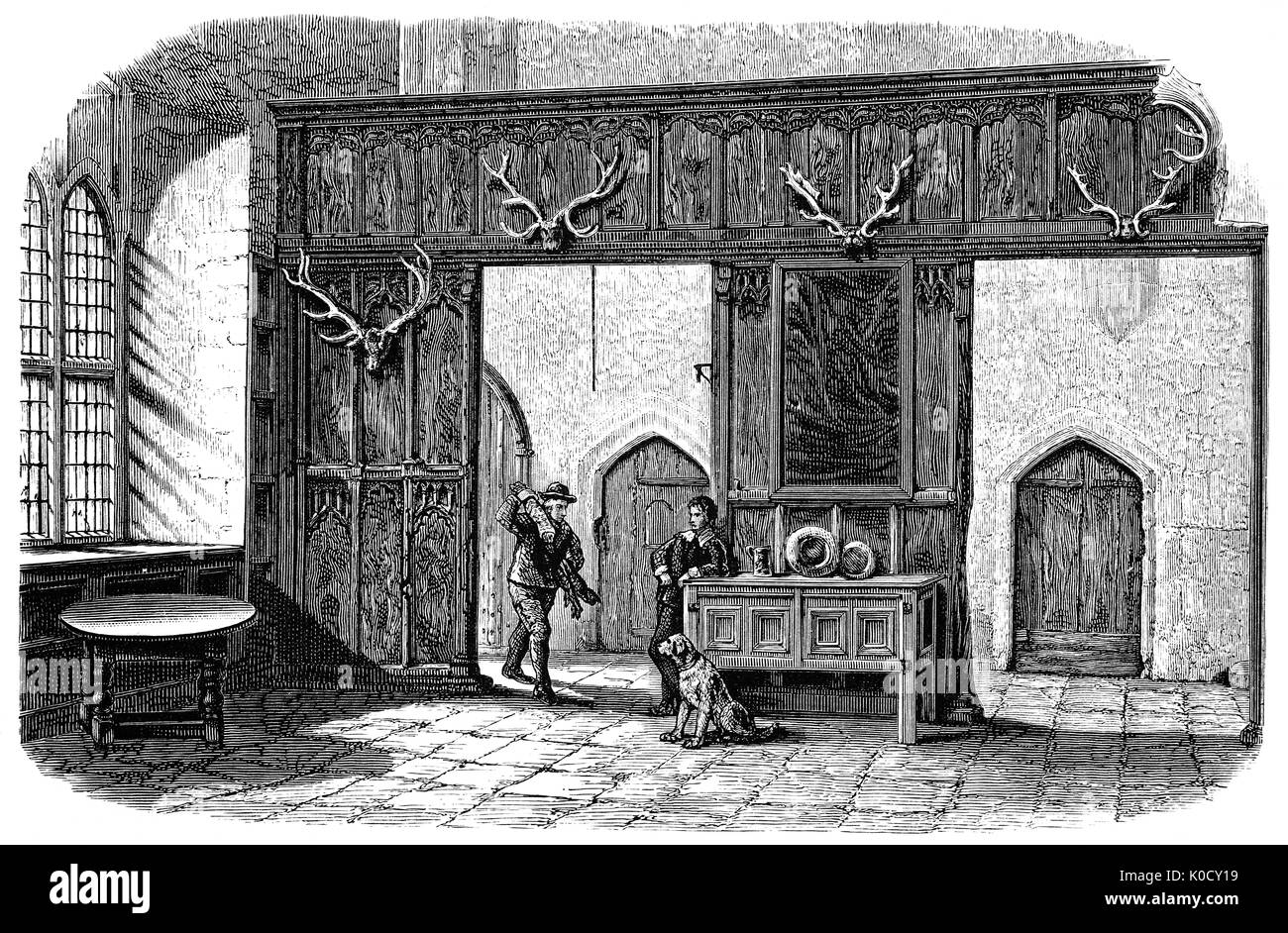 1870 : La salle de banquet à Haddon Hall. L'anglaise sur la rivière Wye près de Bakewell, est l'un des sièges du Duc de Rutland. Les origines de la salle date du 11ème siècle, salle Tudor et médiévale actuelle comprend les ajouts ajoutés à différentes étapes entre le 13e et le 17e siècles. Le Derbyshire, Angleterre. Banque D'Images