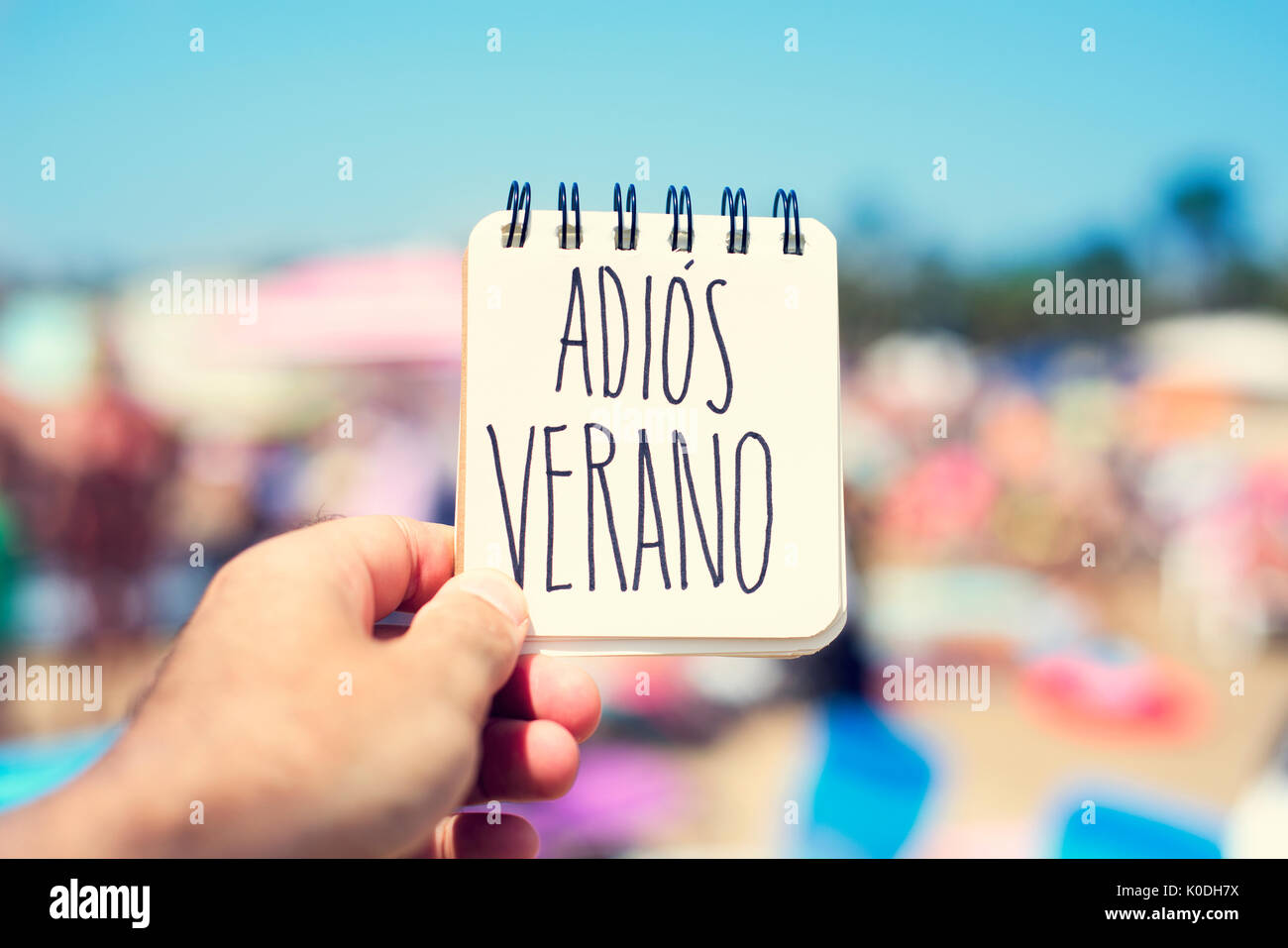 Libre d'un jeune homme dans la mer d'une plage montrant une spirale bloc-notes avec le texte adios verano, adieu l'été en espagnol, écrits en C Banque D'Images