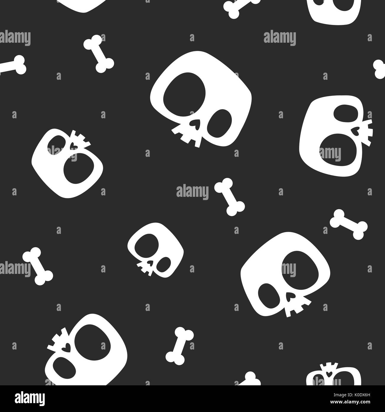 Transparente avec motif pirate white cute cartoon squelette crânes et d'os contre un fond noir. Vector illustration monochrome pour Halloween party invitation, papier d'emballage, d'impression textile. Illustration de Vecteur