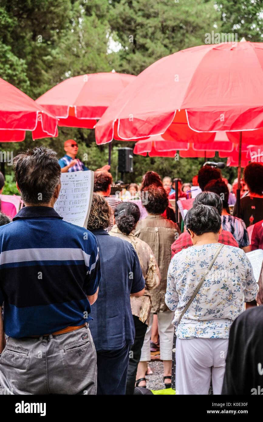 Chinois retraités hommes et femmes signature d'anciens morceaux ensemble à un parc Banque D'Images